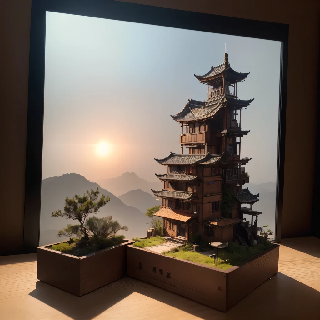 small realistic model, (bifurcation, original photo, best quality, masterpiece:1.4),Steampunk Cyberpunk 3916,(Cyberpunk light:1.3),on the table,horizon (related to land),(in a small nature box:1.3),Isometric, small nature, landscape on foundation,landscape,Distant focus（（Lunar soil background））