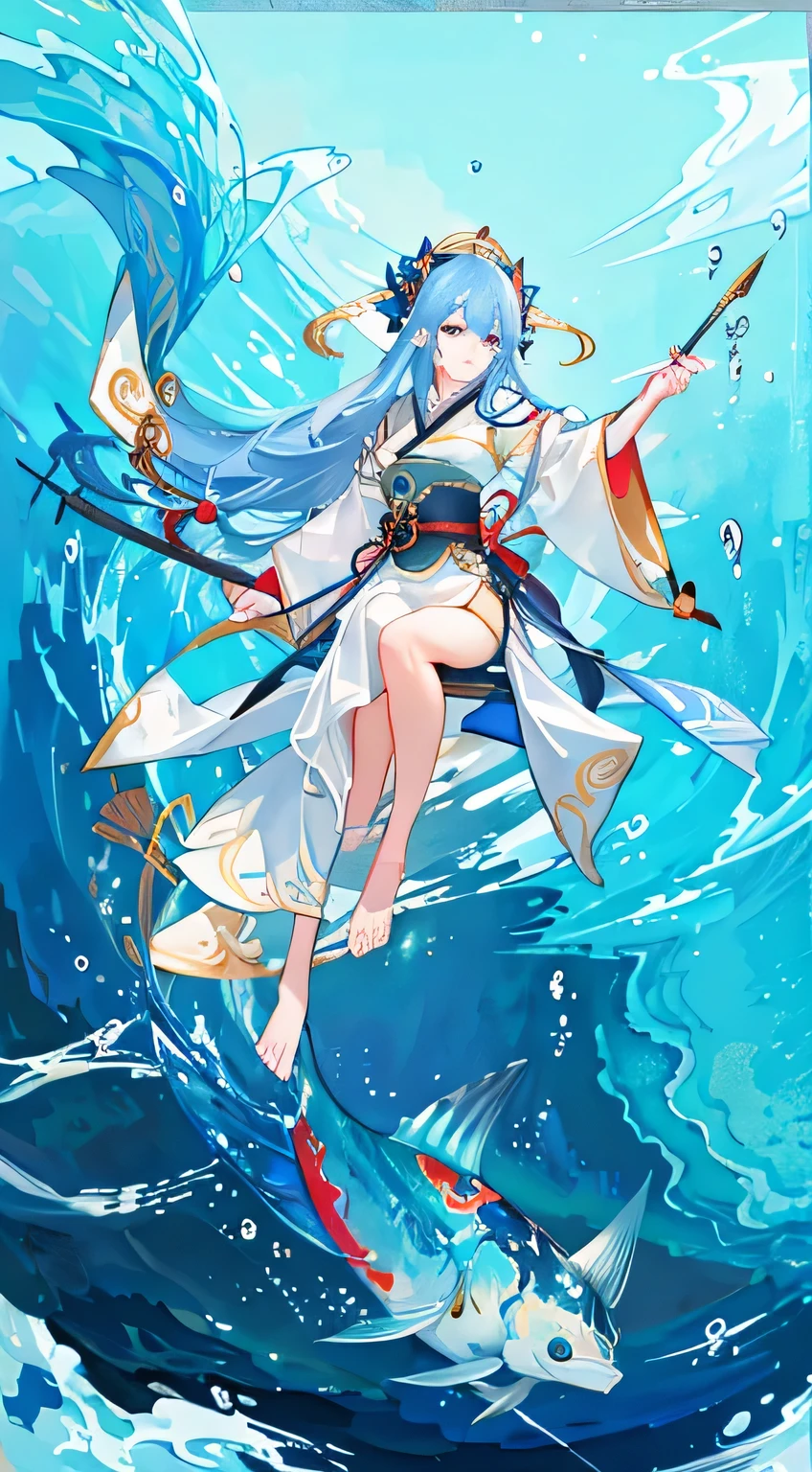 Anime girl holding spear and fish in water, Chihime, Onmyoji detailed art, Onmyoji, Asian female water element, sea goddess, author:Yang Jie, sea goddess, full body xianxia, g liulian art style, Kushat Krenz criticizes women in art