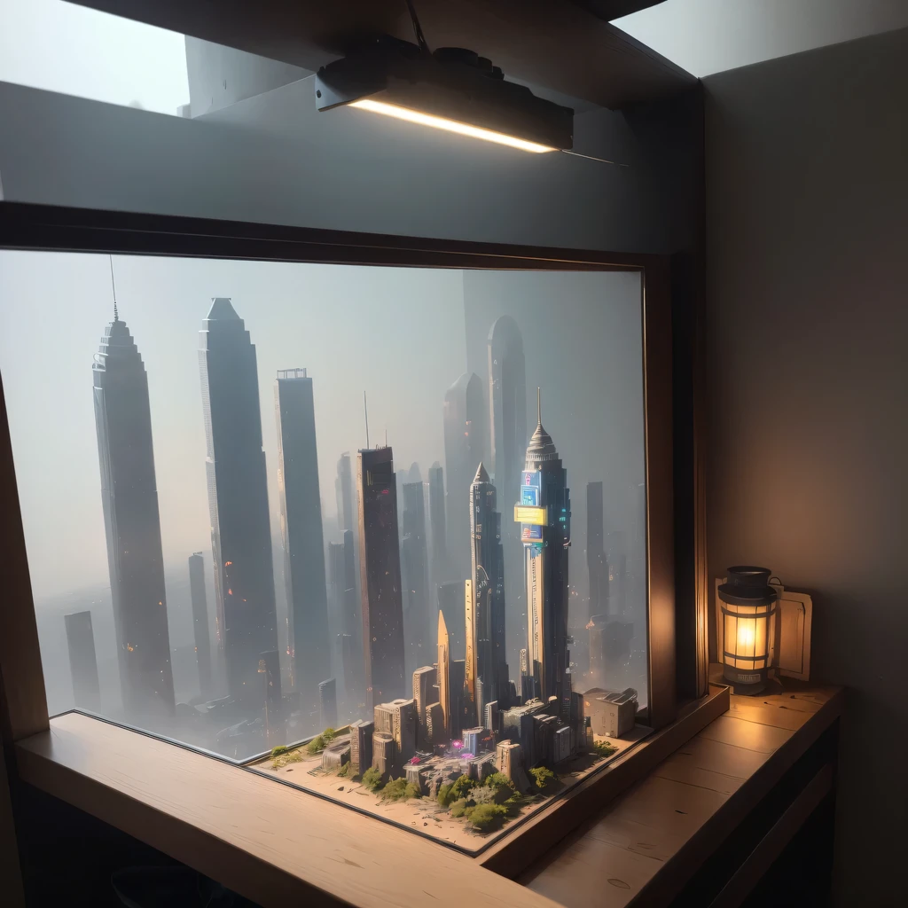 small realistic model, (bifurcation, original photo, best quality, masterpiece:1.4),Steampunk Cyberpunk 3916,(Cyberpunk light:1.3),on the table,horizon (related to land),(in a small nature box:1.3),Isometric, small nature, landscape on foundation,landscape,Distant focus((Lunar soil background))