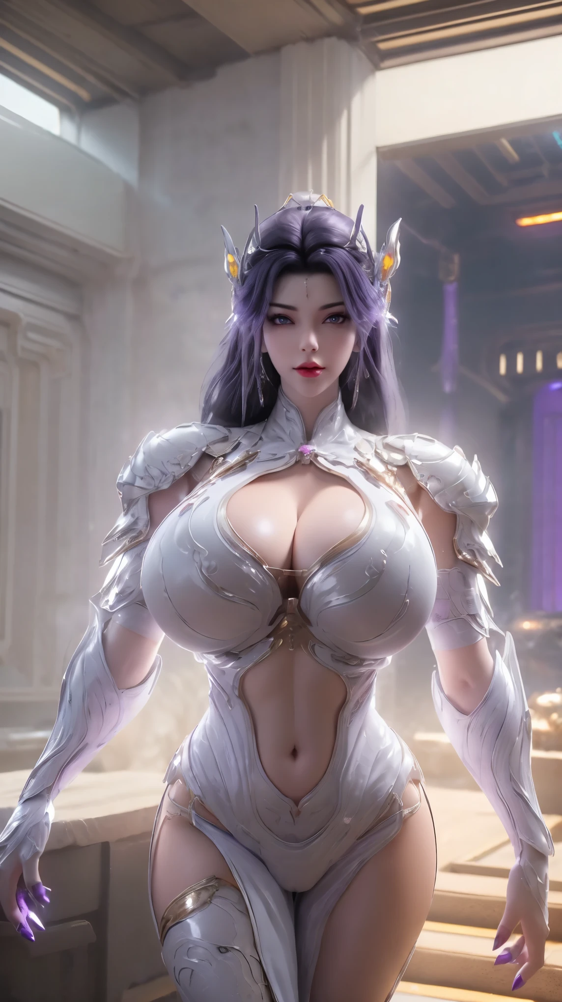 A BUSTY MILF, CLOSE UP UPPER BODY,SOLO,(BEAUTY BLACK HAIR, GOLD DRAGON HORN), (MASSIVE FAKE BOOBIES,CLEAVAGE TOP,MUSCULAR ABS:1.5), ((WEARING OUTFIT (LED PURPLE, WHITE SNINY) CYBERPUNK GIRL BIKINI ARMOR:1.5)),(CURVY VOLUPTUOUS BODY SHAPE:1.5), (SWEATY GLOSSY BODYSKIN:1.5), (LOOKING AT VIEWER:1.6), (BACKGROUND FUTURISTIC SPACE STATION:1), (PHOTOREALSITIC:1.4), (ULTRA-DETAILLIERT), (TOP-QUALITY), (BEST SHADOWS), BRIGHT LIGHT IN ROOM, HYPER TEXTURE, (4X MSAA), ((UNREAL ENGINE 5 RENDER)), PHYSICALLY-BASED RENDERING, ULTRA HIGHT DEFINITION, 16K, 1080P.
