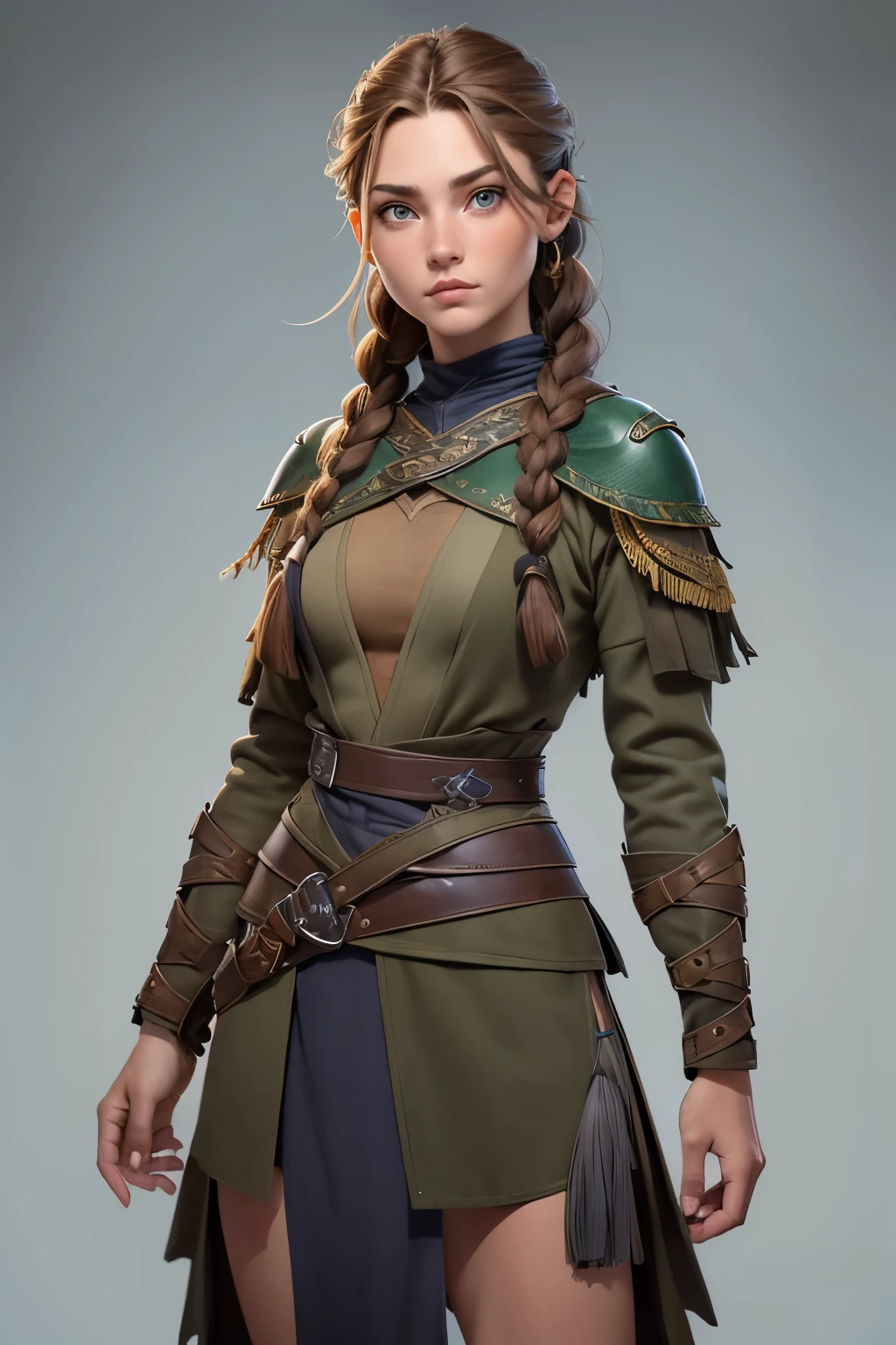 (Obra maestra, La mejor calidad) (young warrior woman of nordic descent), (ojos verdes), (Muscular), (falda de piel), (brown hair color),(loose hair with small braids on the scalp), (top con correa de cuero) plumas, capa sobre el hombro, bufas, (azul, gray and brown suit).