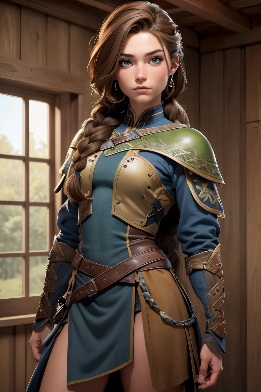 (Obra maestra, La mejor calidad) (young warrior woman of nordic descent), (ojos verdes), (Muscular), (falda de piel), (brown hair color),(loose hair with small braids on the scalp), (top con correa de cuero) plumas, capa sobre el hombro, bufas, (azul, gray and brown suit).