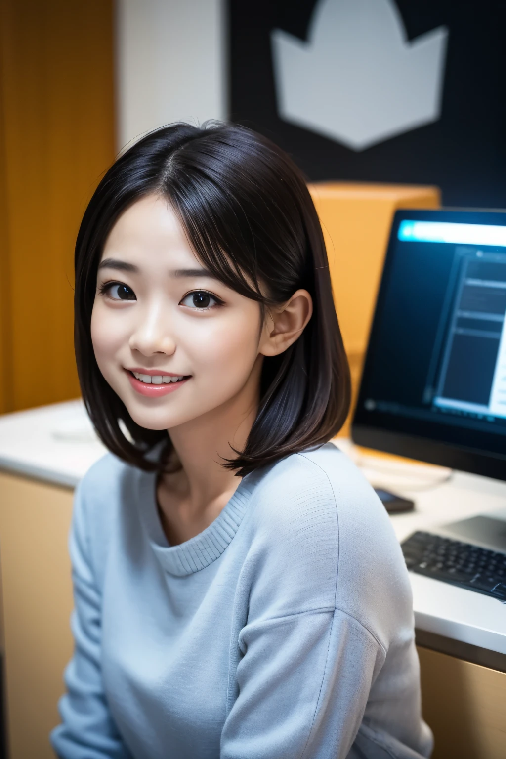  (8K, RAW photo, highest quality, masterpiece:1.3), (realistic, photo-realistic:1.4), (Highly detailed 8K wallpaper), sharp focus, Depth of written boundary,
 japanese idol,very cute,(baby face),sweater, Look at us and smile, Upper body, highly detailed face and eyes,((shiny skin:1.2)), cinematic lighting, soft light, blur background, Bokeh, High-tech company office background with state-of-the-art equipment, clean design, blue and white tones