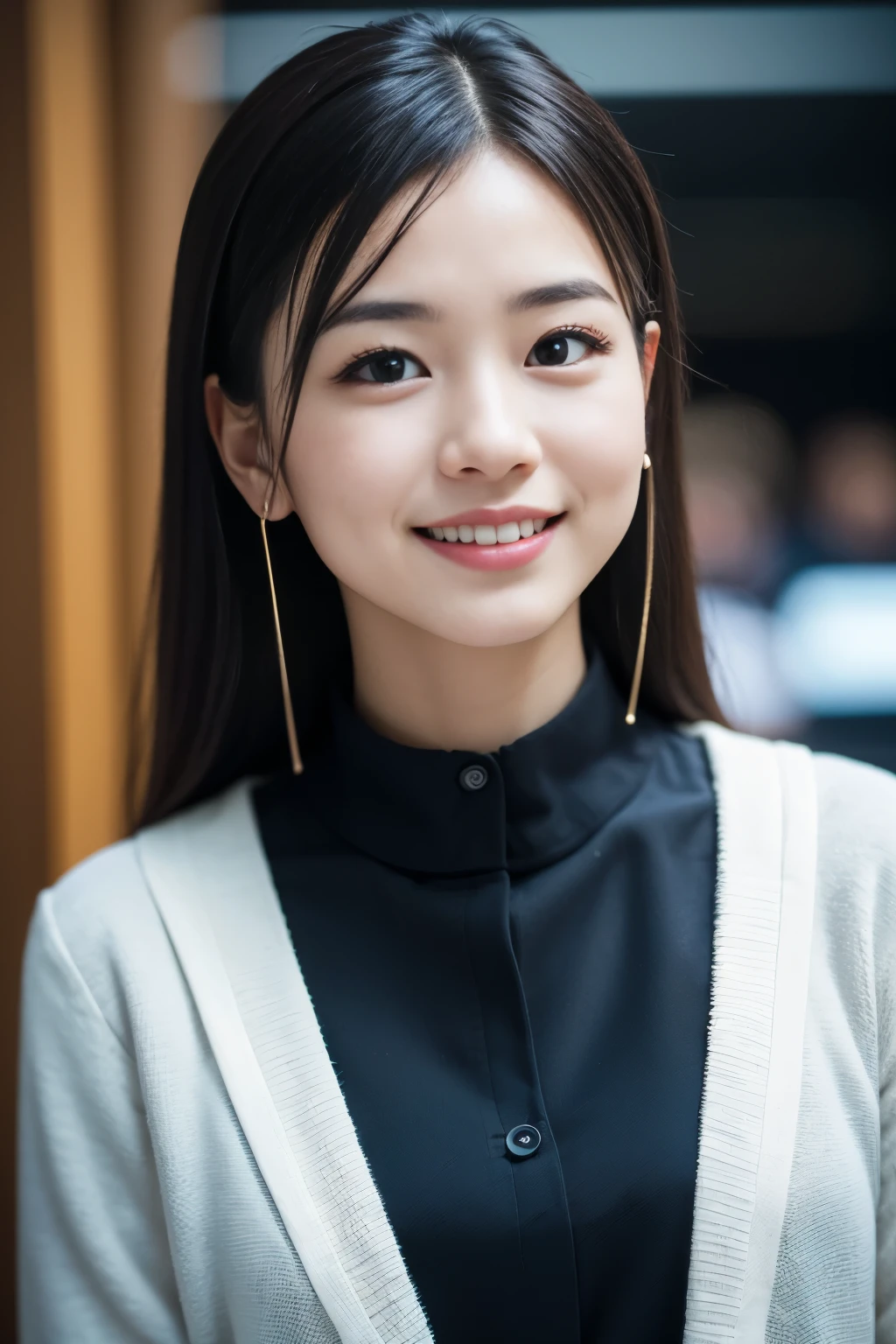  (8K, RAW photo, highest quality, masterpiece:1.3), (realistic, photo-realistic:1.4), (Highly detailed 8K wallpaper), sharp focus, Depth of written boundary,
 japanese idol,very cute,(baby face),sweater, Look at us and smile, Upper body, highly detailed face and eyes,((shiny skin:1.2)), cinematic lighting, soft light, blur background, Bokeh, High-tech company office background with state-of-the-art equipment, clean design, blue and white tones