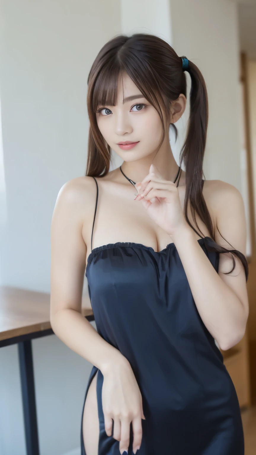 table top、highest quality、figure、super detailed、High resolution、8Kのwallpaper、完璧なダイナミックな構figure、beautiful and fine eyes、medium hair、natural color lip, random sexy poses,smile、17 year old girl、cute、tall、(highest quality:1.3)、(masterpiece:1.3)、(The super detailed:1.3)、(wallpaper, one girl:1.1)、(delicate hands and fingers:1.2)、(Detailed super oily shiny skin:1.1)、oily shiny thighs、(煌びやかな模様のあるChina dress)、sensual body、Brown hair head、(beautiful big breasts:1.5)、((twin tails:1.3))、beautiful figure、(standing:1.4)、sexy pose、roof of the building、((China dress))、(Beautiful double eyelids:1.3)、looking at the camera、(((highly detailed hands and toes)))