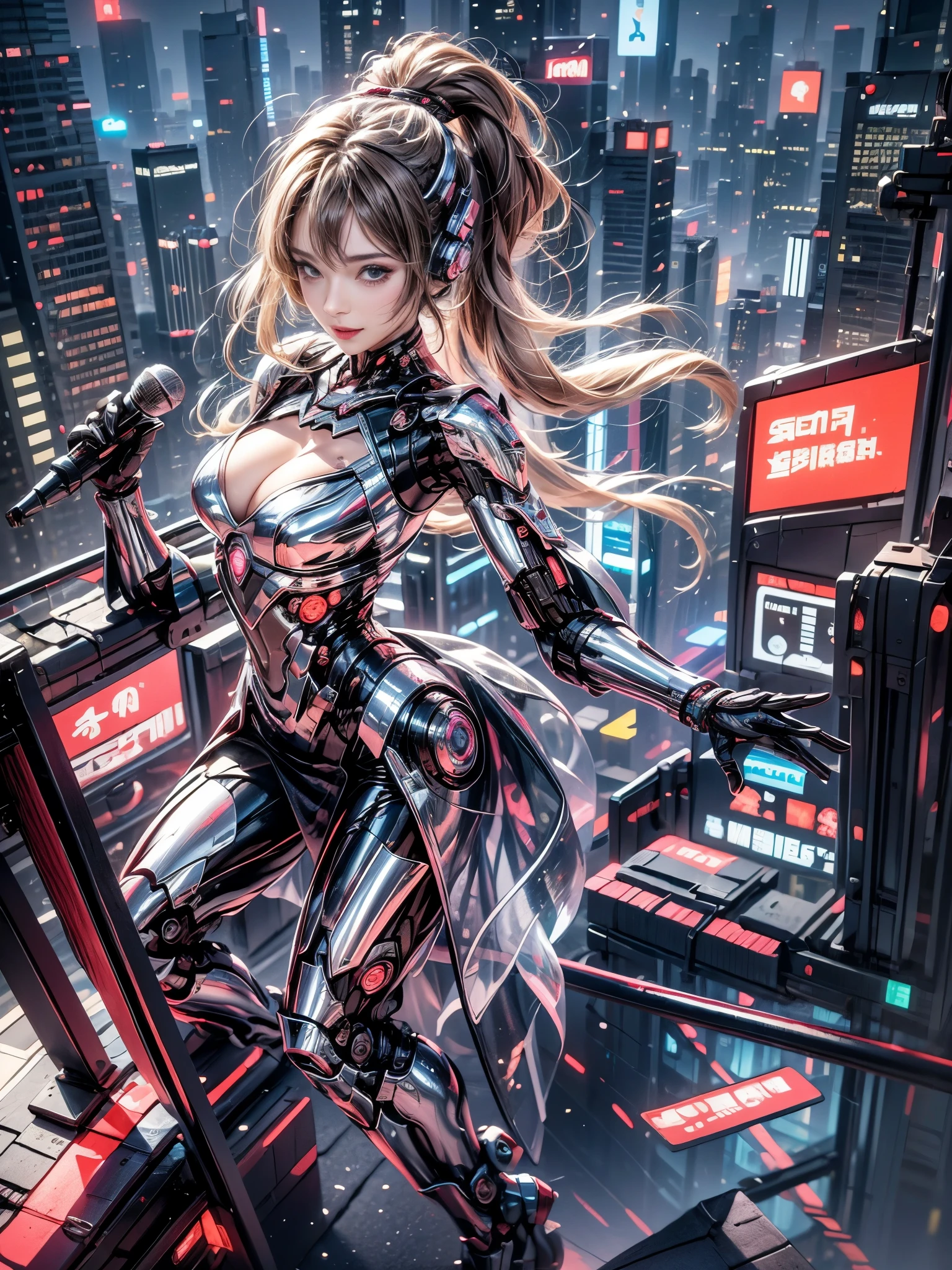 (front focus、perfect anatomy:1.5)、(Super detailed、16K quality、genuine skin: 1.6)、hyper genuineist、genuine.cinematic lighting、portrait、cyberpunk world、highly detailed face、(2girls:1.5)(beautiful japanese girl、smile:1.3)medium straight brown hair、pink hair、blonde、eyeliner、red lips.break、(Glitter cyber robot idol costume、mini skirt、pink tech armor with speaker:1.2)(cleavage、Thigh exposure、Hands and feet are machines:1.5)(Hold the microphone and sing:1.6)BREAK、model pose、raise your hands up、(Stylish and stylish rooftop late at night)portrait、(A photography drone is flying high in the sky:1.2)