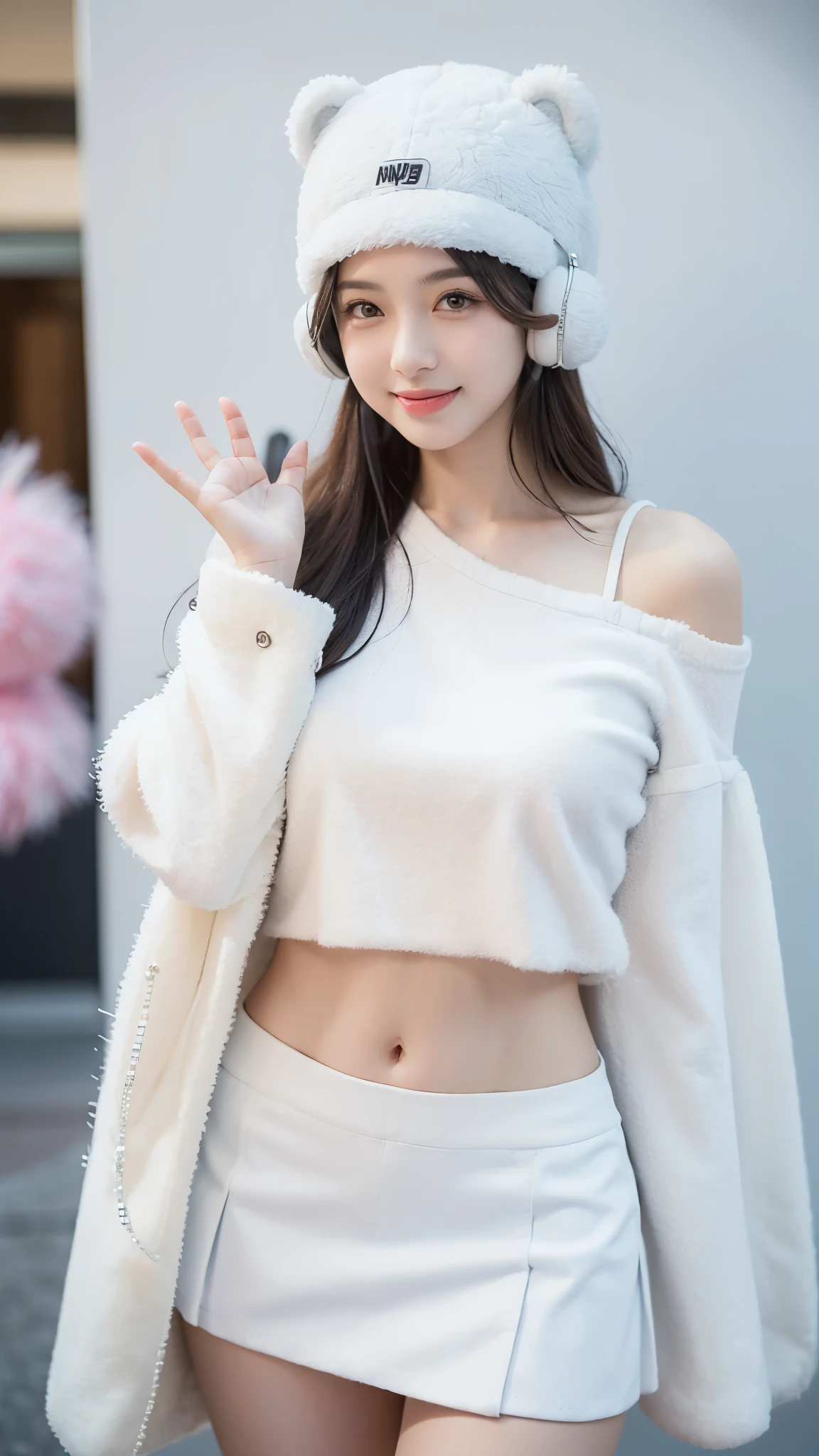 Best quality, masterpiece, super high resolution, high definition, high details, 1girl, solo, visual feast, looking at the audience, solid color background, (background with upward gradient from pink to white: 1.2), (wearing white fluffy long Adult women posing for photos with exposed sleeves and navel-baring clothes: 1.6), (looking at the camera and saying hello: 1.6), kpop amino, (very long silver-white bleached hair: 1.4), (fluffy hair: 1.25), (white bear ears Plush hat with integrated ear protection: 1.6), promotional rendering, happy expression, bright smile, (white short skirt with fluff: 1.6), miniskirt, gorgeous woman, (cowboy shot: 1.3), (long legs: 1.25) ,fanpop, close-up,depth of field,（Nikon AF-S 105mm f/1.4E ED）