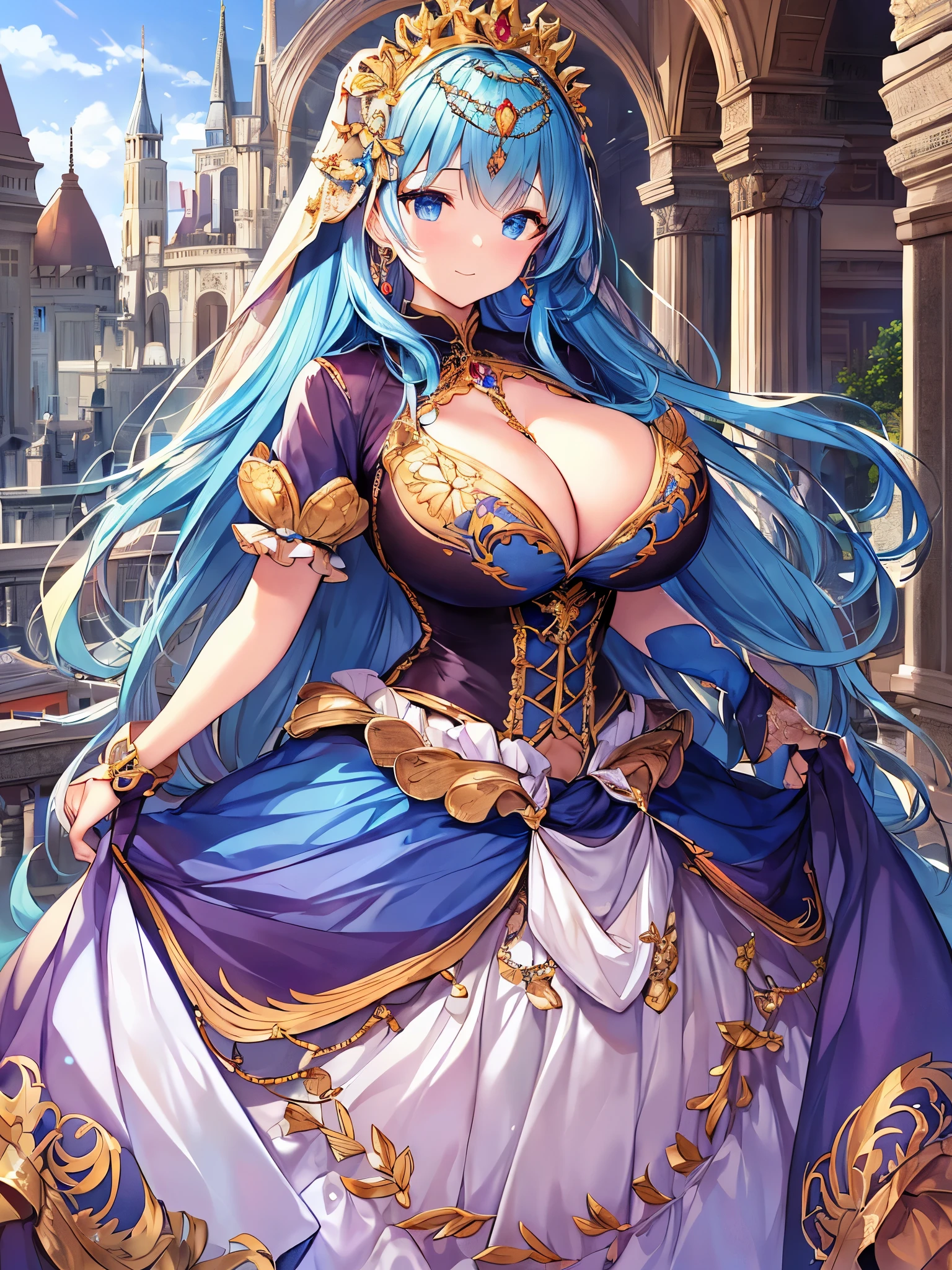 anime artstyle,Masterpiece,Best Quality,Super Detail,((Very Delicate and Beautiful)),(((1 plump princess in beautiful embroidery and jeweled gorgeous rococo ballgown with voluminous hoop skirt))),crinoline skirt,((Solo)),Standing,((full body)),(((very gigantic breasts,very gigantic breasts,sagging breasts,skindentation))),cleavage,detailed face and eyes,jewel-like eyes,((extremely voluminous straight Hair,Extremely Long Straight Hair)),((gorgeousfull embroidery and lace,beautiful embroidery and jeweled)),Gorgeous Gemstone Jewelry,gorgeous corsage,((gorgeous hair ornament,glitter jeweled gorgeous big tiara)),((full body)),((beautiful embroidery and jeweled gorgeous rococo ballgown with voluminous hoop skirt)),crinoline skirt,(crinoline),((Standing on fantasy castle balcony,outdoor)),Looking at viewer,dynamic angle,(((beautiful embroidery and jeweled gorgeous rococo ballgown with voluminous hoop skirt))),crinoline skirt,full body,