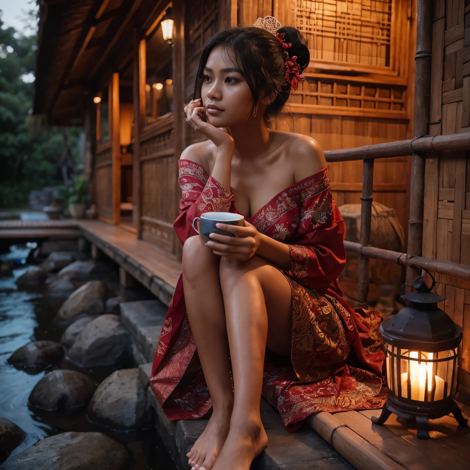 At night, a naturally beautiful Indonesian Javanese girl, 25 years old, details of her sweet black face, moist shiny skin, slightly tousled hair tied in a bun, wearing a red kebaya and short batik sarong, is contemplating on the terrace of the house with a cup of coffee in her hand, barefoot sitting on The front door of the house, the house is made of bamboo, there is a lantern, in front of the house flows a small clear river, a natural clear rocky river. ultra realistic photo, HDR10 8K --style raw --v 6.0