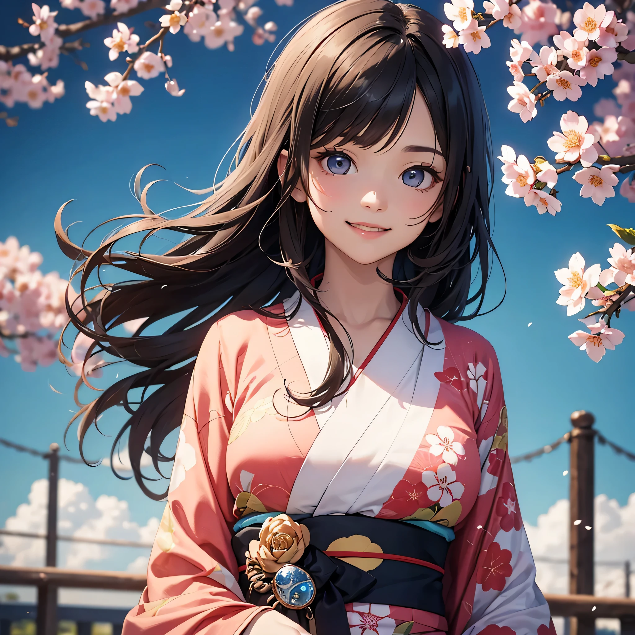(Super beautiful woman in kimono)、((highest quality、8K masterpiece:1.3))、sharp focus:1.2、(super beautiful face:1.0)、(shiny skin:1.0)、realistic pictures、black hair、video writing、High resolution eyes and face、video writing、japanese actress、from the front、Medium chest、with a happy smile、The beauty of slender abs、whole body、wearing a kimono、cherry blossom in full bloom、luxury obi