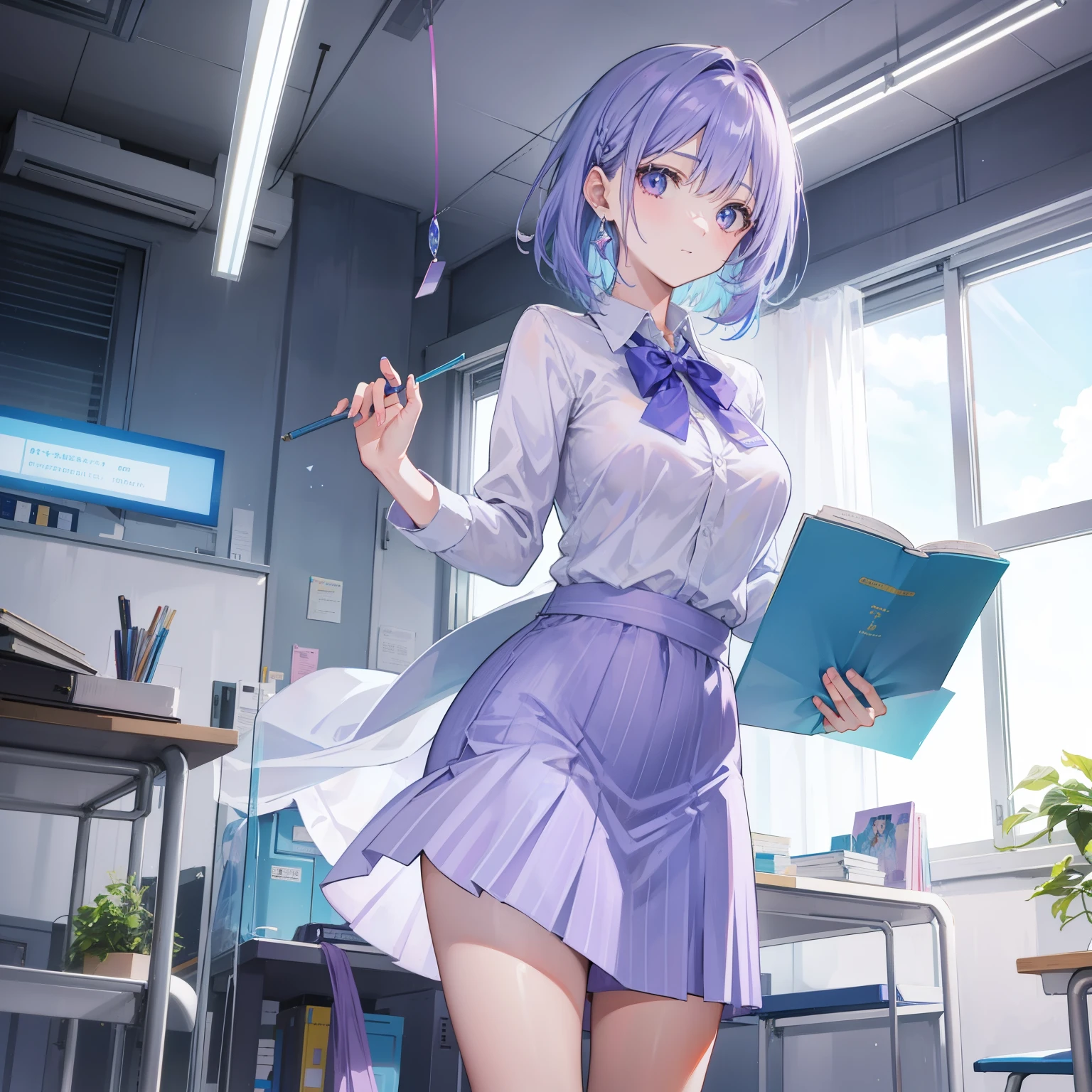 light purple blue hair,crystal clear teacher,Beautiful female teacher,fresh feeling