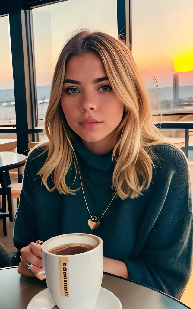 tv_Sky_Wonderland_GM, , , wearing a cozy sweater, sitting in a cafe, holding a cup of steaming tea, flirty expression,, 8k resolution, highres, high detail, sharp focus, detailed skin, 8k uhd, bokeh, analog photography