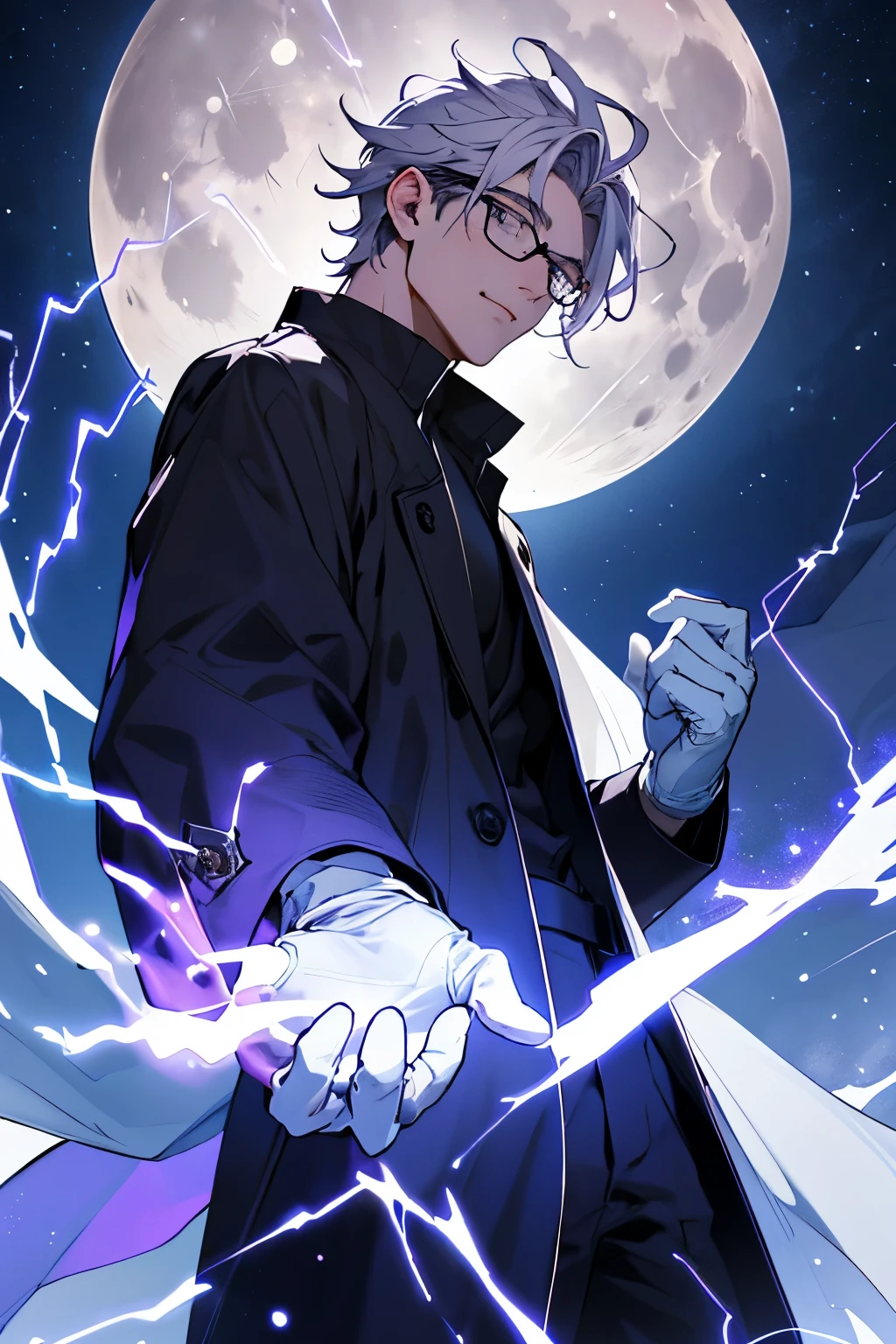 Beautiful young man with gray hair and glasses。Black coat with classic design decorations、white gloves。Raise your face and look up at the sky。He holds out his right hand and manipulates purple lightning magic.。Full moon in the background、Angle from a diagonal