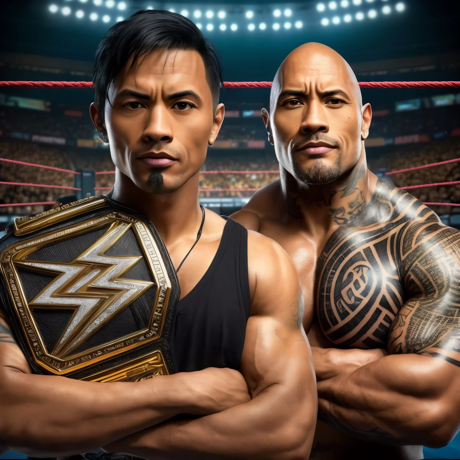 a close up of two men with tattoos on their arms, wwe, the rock, profile picture 1024px, starring dwayne johnson, inspired by Rudy Siswanto, fanart, profile picture, 2022 movie, a portrait of dwayne johnson, profile pic, portrait shot, portrait, portrait of dwayne johnson, fan art, 🌻🎹🎼