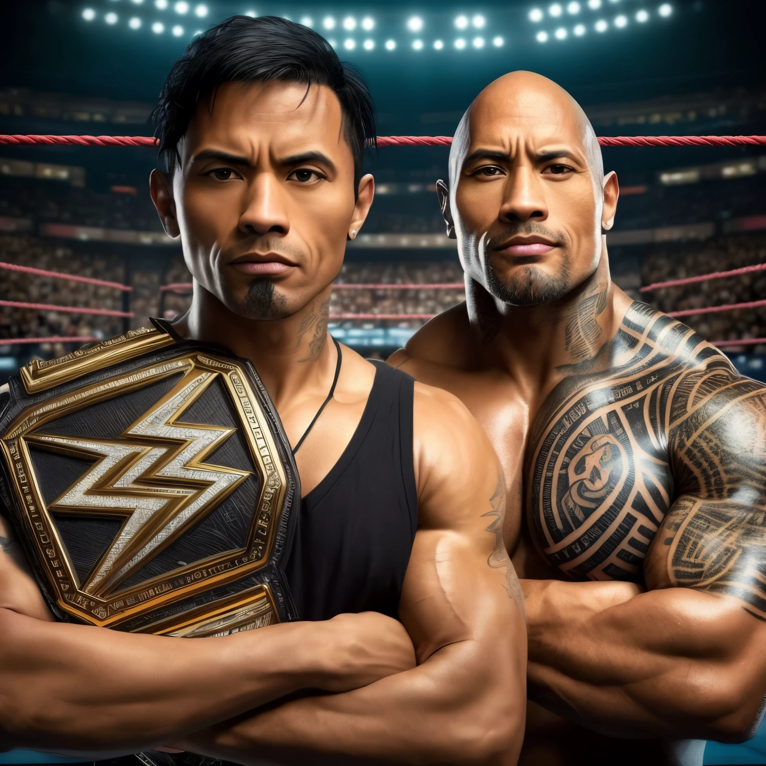 a close up of two men with tattoos on their arms, wwe, the rock, profile picture 1024px, starring dwayne johnson, inspired by Rudy Siswanto, fanart, profile picture, 2022 movie, a portrait of dwayne johnson, profile pic, portrait shot, portrait, portrait of dwayne johnson, fan art, 🌻🎹🎼