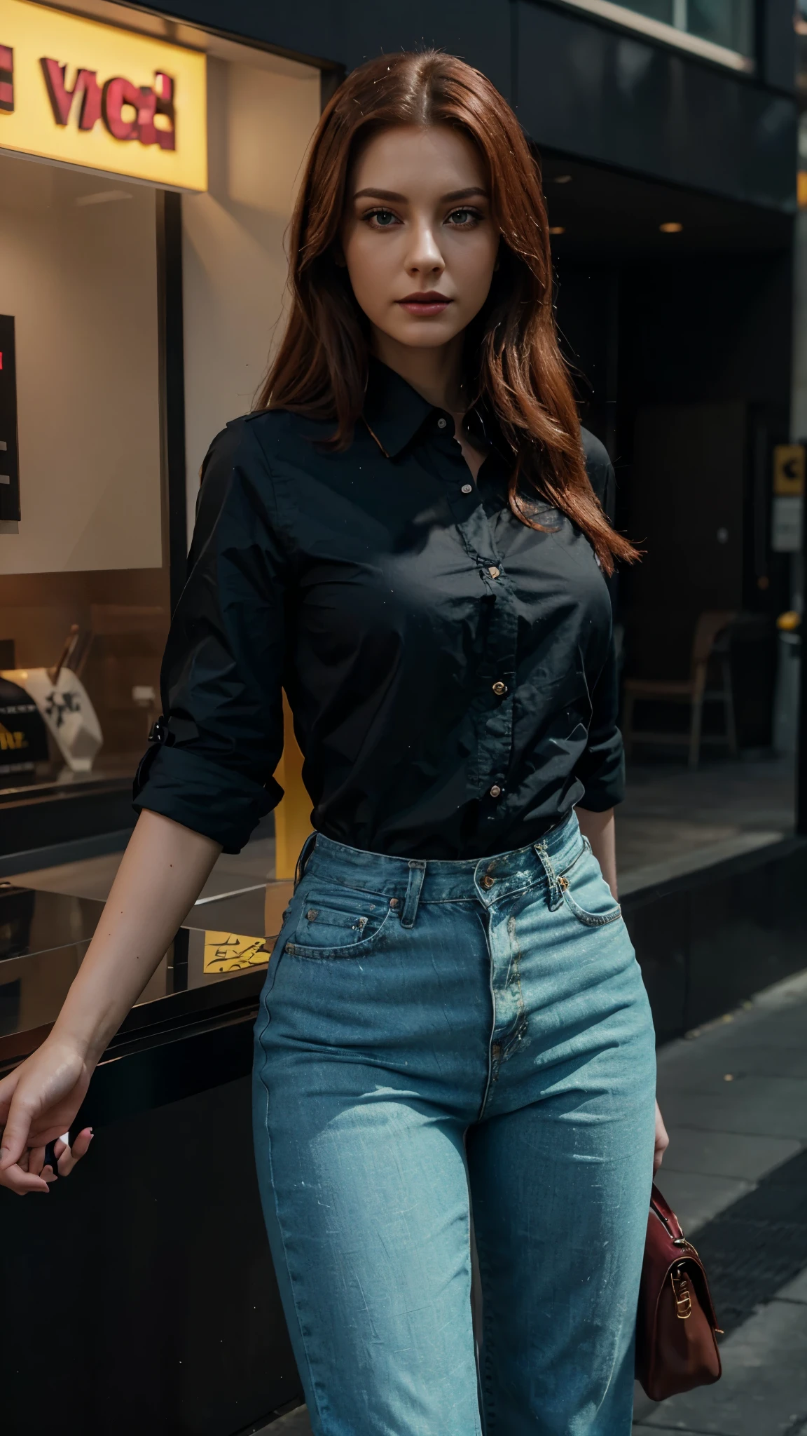 3d rendering style: a woman , 2 8 , years , face high quality , red hair high quality , black lips high quality , green eyes high quality , yellow dress shirt high quality , pink jeans high quality ,(high quality),((high 8k)),((high quality photo)), 3d rendering