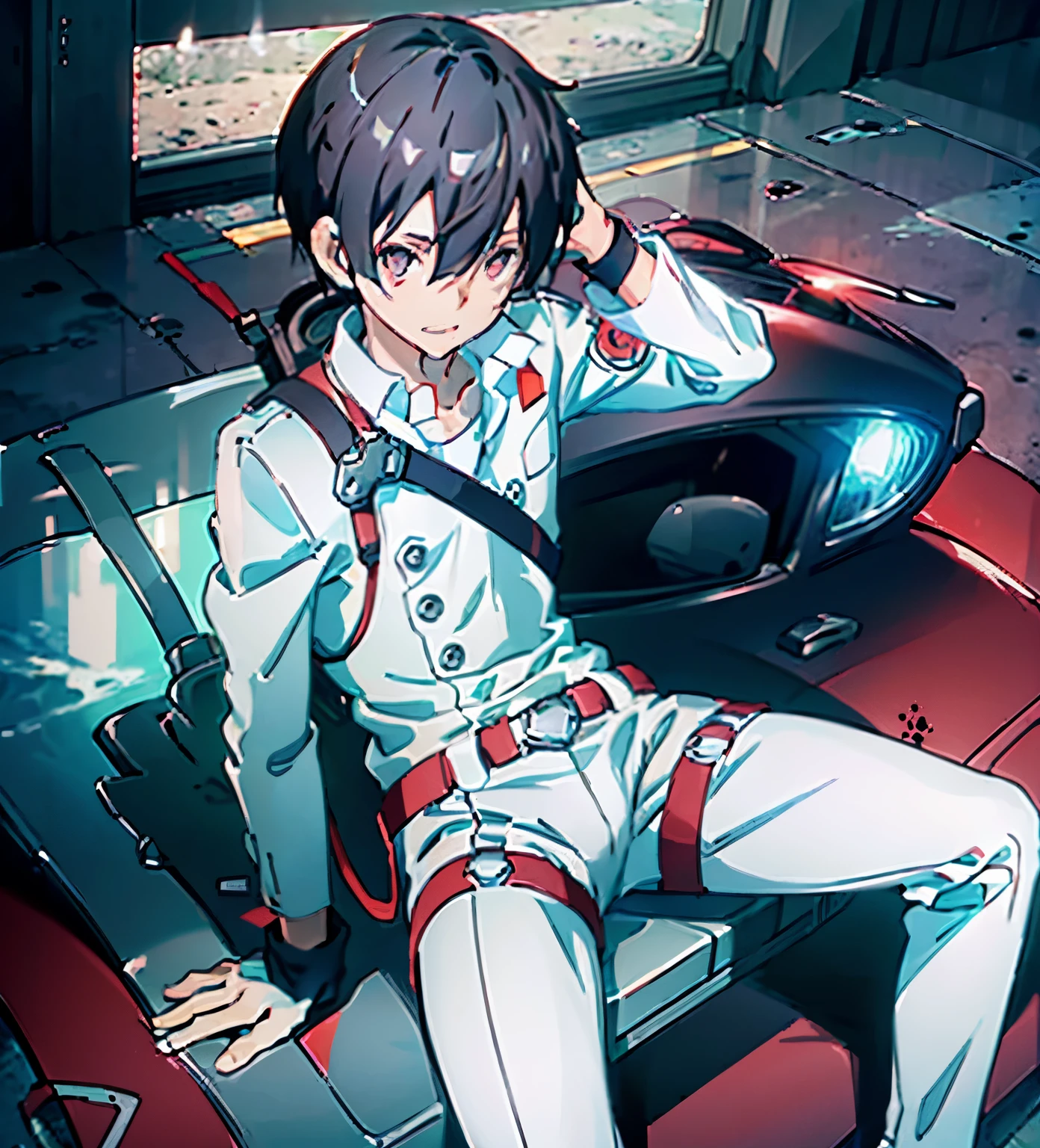 Game CG，8K quality，((young boy))，1 boy，Youthful feeling，Anime male protagonist，Brown reflective short hair，，************，Mature teenagers，，male focus，Drenched，Pain and despair，Locomotive goggles，Pure white skin，red eyes，White and red racing car（tight）One-piece Pants，The crotch is bigger，White fingerless gloves，White racing boots，full body portrait，Defeated，gave in，damaged clothes，car damage，sit on the floor，is powerless，There are scars on the face，Car crashed，The scene of the car accident，and there is blood on the corners of your mouth，Fear，sad