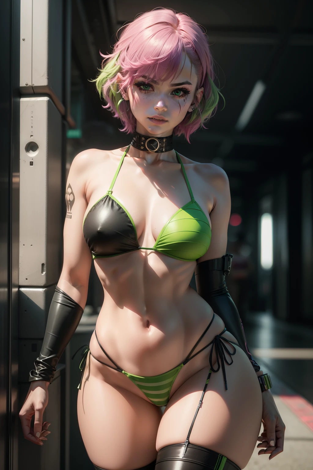 Joker female standing front position wearing ((micro string microstrip bikini)), wearing her iconic classic look. (pink and green look), straight green hair, micro string black bikini, Long black and pink boots: 1.2)cyberpunk, highlighting her beautiful body and showing her physical strength. Her face is extremely beautiful, with delicate and expressive features. The image was captured in incredible 8K using the Canon EOS R6, resulting in maximum quality and sharp details. Every aspect of the image is a true masterpiece, highlighting the dedication to detail and artistry behind this female joker depiction.