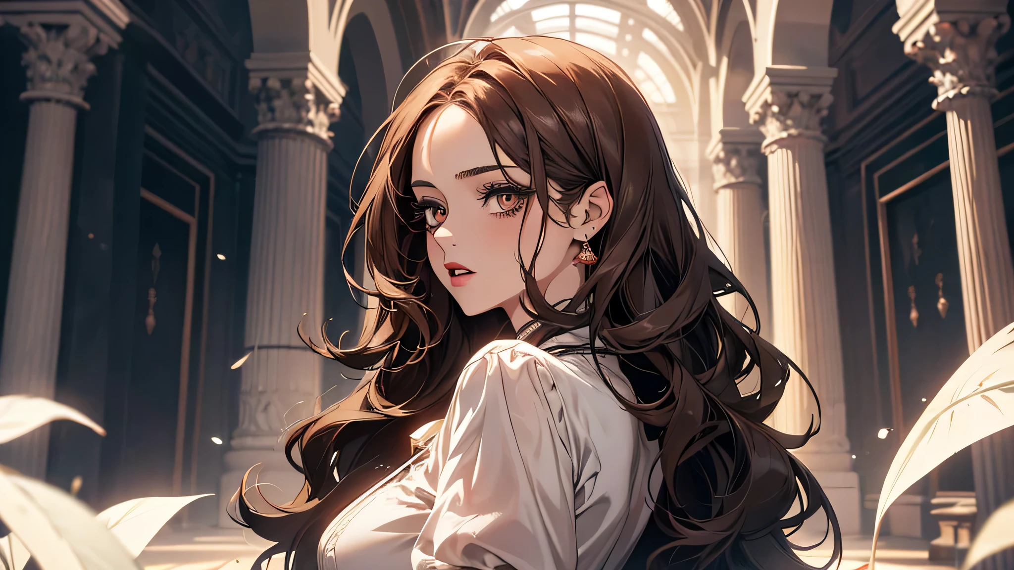 1girl, solo, ,looking at viewer,large breasts,portrait,from side,bad-girl, Long wavy brown hair, hazel eyes, red lips, nice eyeliner, beautiful long eyelashes, Elegant appearance, dressed in a white transparent gown, in the background a black legume room, The wrinkle on her forehead deepened even more, and Valeria shouted. She tell her father to keep quiet and she can’t concentrate if he’s so noisy and keep bargaing her bussines.