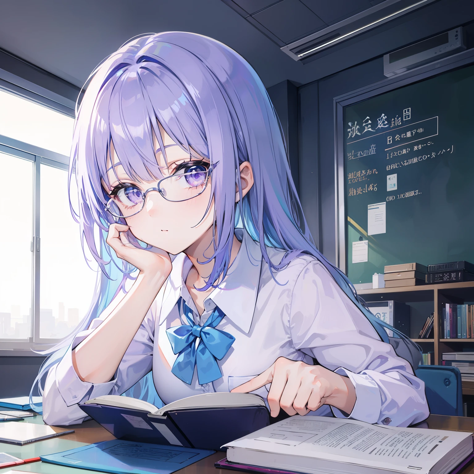 light purple blue hair,crystal clear teacher,Beautiful female teacher,fresh feeling