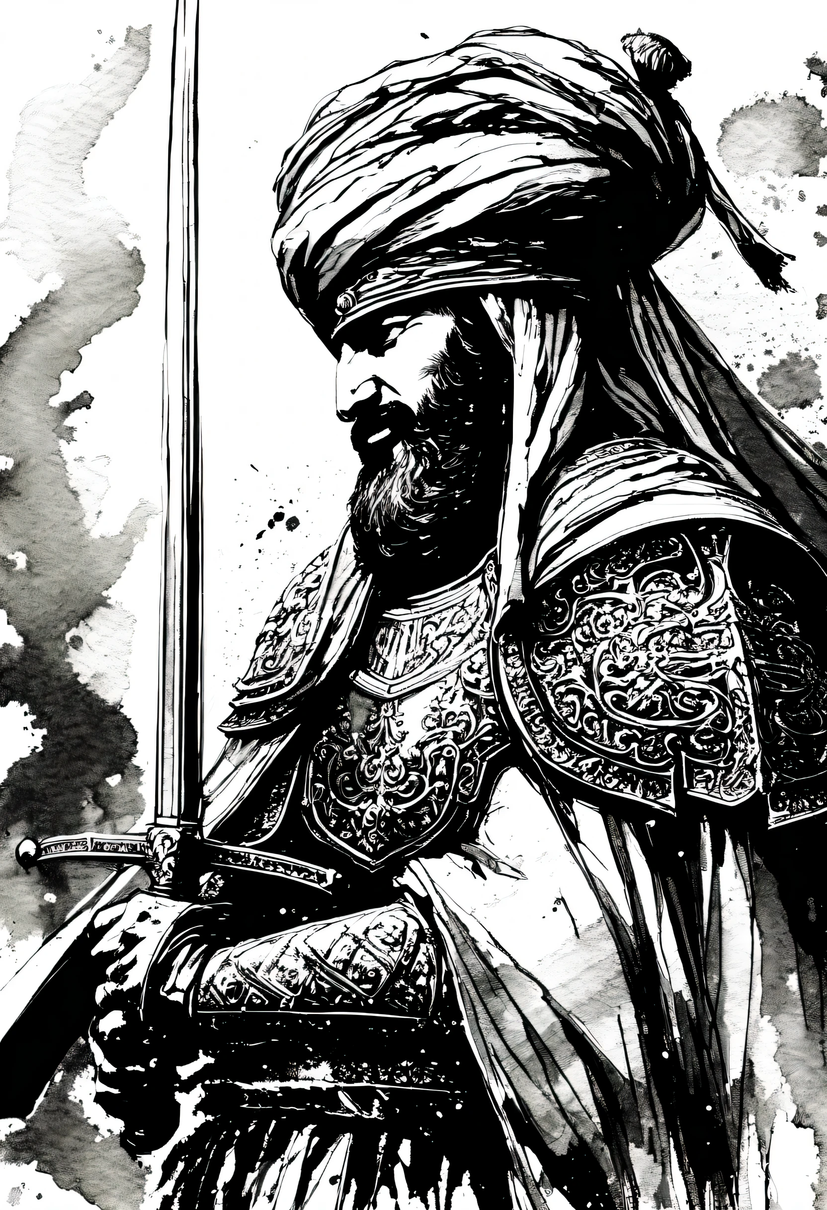 (((ink style art:1.3))), Saladin with a sword, realism style, from side shot, armor, turban, high quality, detailed, delicate fine strokes, (((Enhanced ink atmosphere:1.2))),