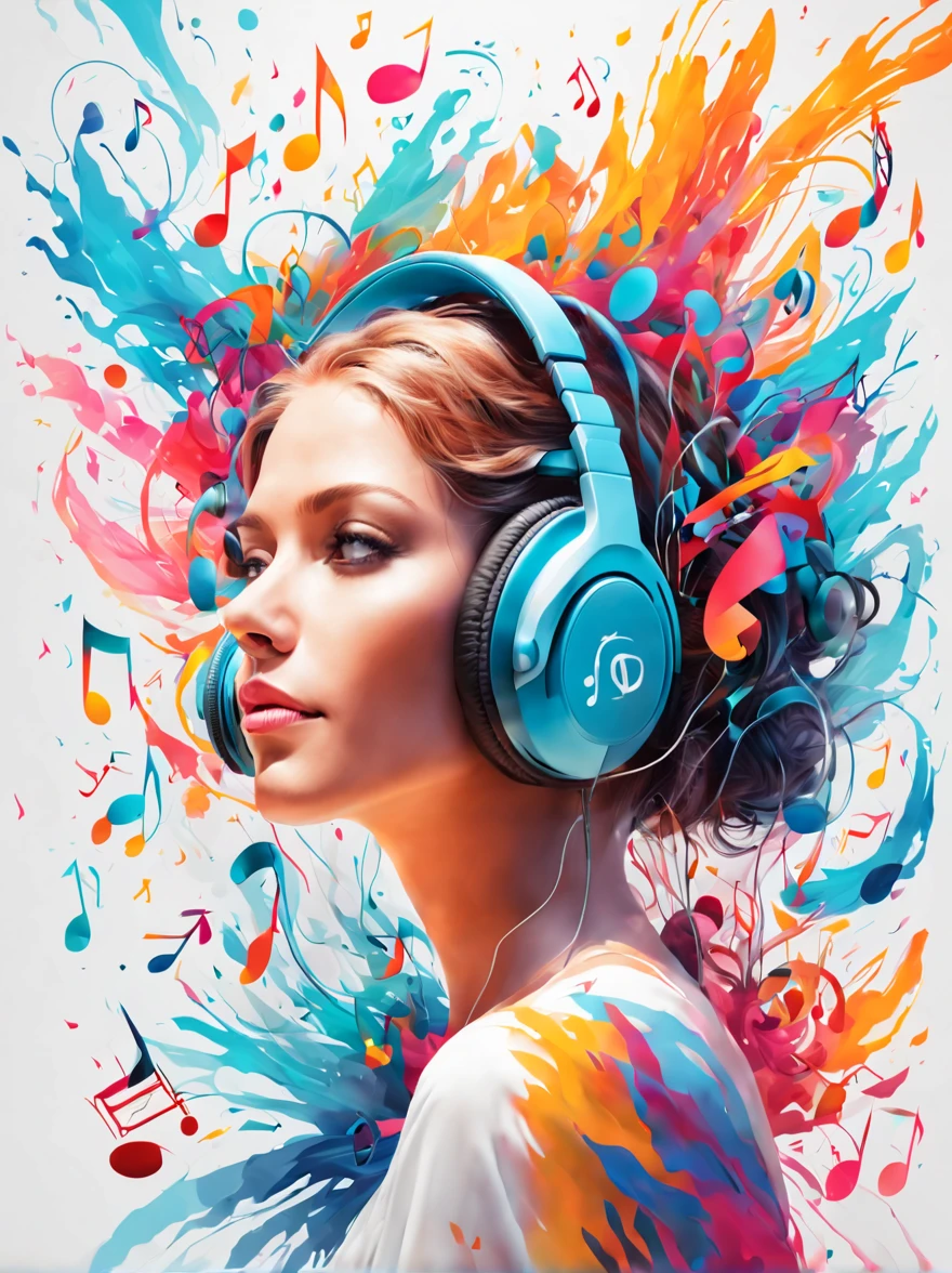 Double exposure, A female with headphones on immersed in music, surrounded by musical note symbols, swirling colors and abstract shapes that represent the emotional impact of sound, bright, sharp focus, contrast