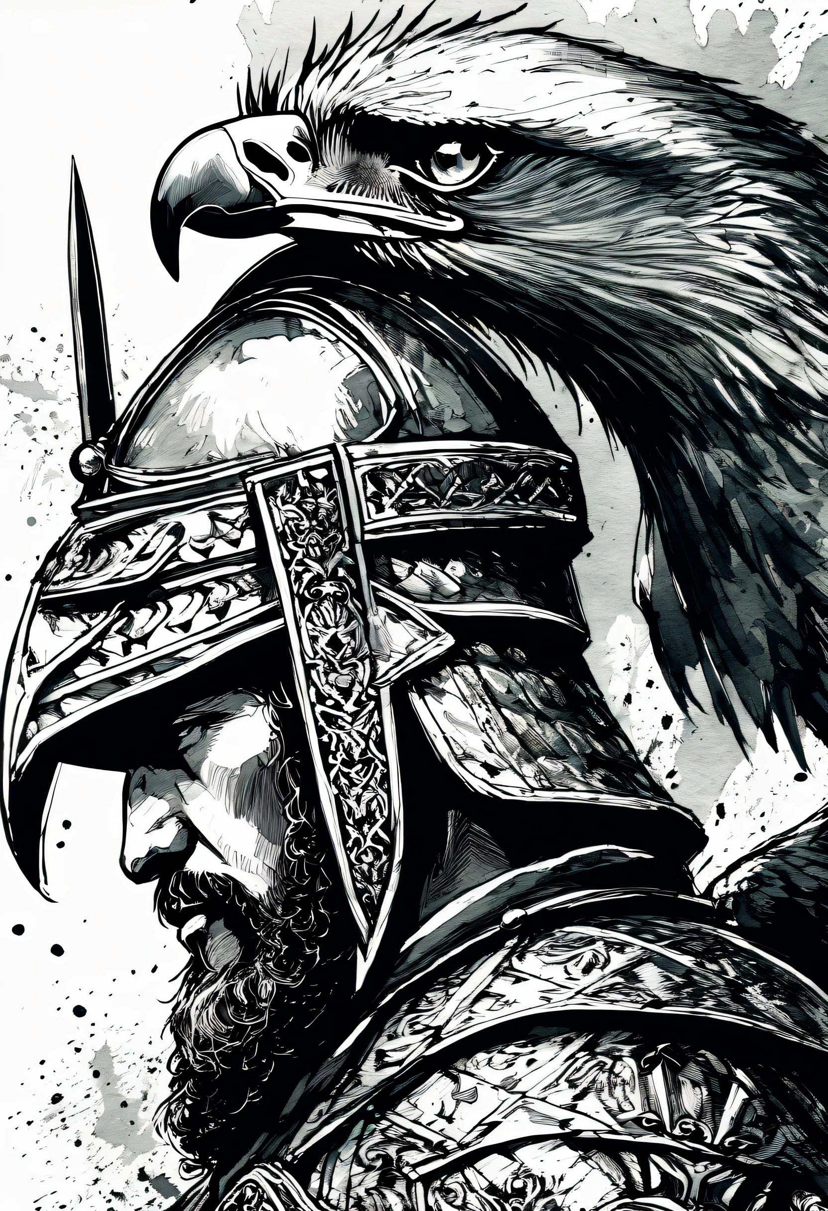 (((ink style art:1.3))), Portrait of Saladin and eagle, realism style, from side shot, armor, crown of swords, high quality, detailed, delicate fine strokes, (((Enhanced ink atmosphere:1.2))),