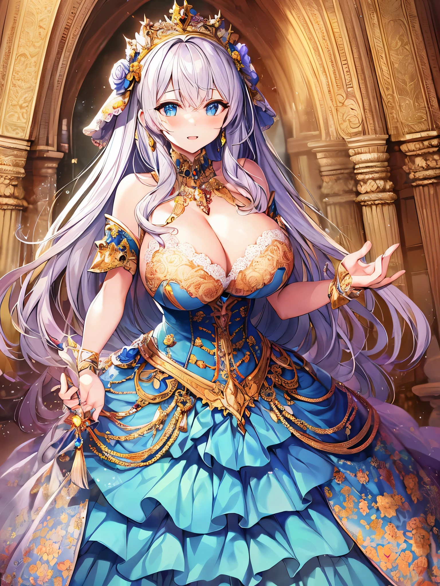 anime artstyle,Masterpiece,Best Quality,Super Detail,((Very Delicate and Beautiful)),(((1 plump princess in beautiful embroidery and jeweled gorgeous rococo ballgown with voluminous hoop skirt))),crinoline skirt,((Solo)),Standing,((full body)),(((very gigantic breasts,very gigantic breasts,sagging breasts,skindentation))),cleavage,detailed face and eyes,jewel-like eyes,((extremely voluminous straight Hair,Extremely Long Straight Hair)),((gorgeousfull embroidery and lace,beautiful embroidery and jeweled)),Gorgeous Gemstone Jewelry,gorgeous corsage,((gorgeous hair ornament,glitter jeweled gorgeous big tiara)),((full body)),((beautiful embroidery and jeweled gorgeous rococo ballgown with voluminous hoop skirt)),crinoline skirt,(crinoline),((Standing on fantasy castle balcony,outdoor)),Looking at viewer,dynamic angle,(((beautiful embroidery and jeweled gorgeous rococo ballgown with voluminous hoop skirt))),crinoline skirt,full body,