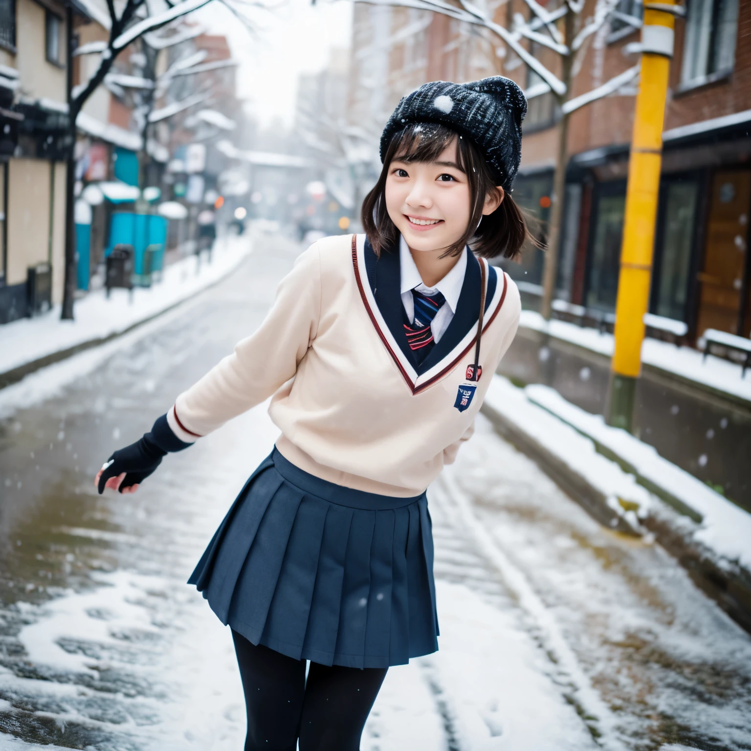 (masterpiece:1.2), super high quality, japanese girl, (super realistic), (super photographic style), 1girl, ((full body)), short hair, (18 years old), stylish body, (large tits), (cute face), (((school uniform))), (((thighs))), standing on a street, round eyes, (((black fullcoverd-tights))), view from back, smiling, (((a snow day))), she is standing with her back to me,