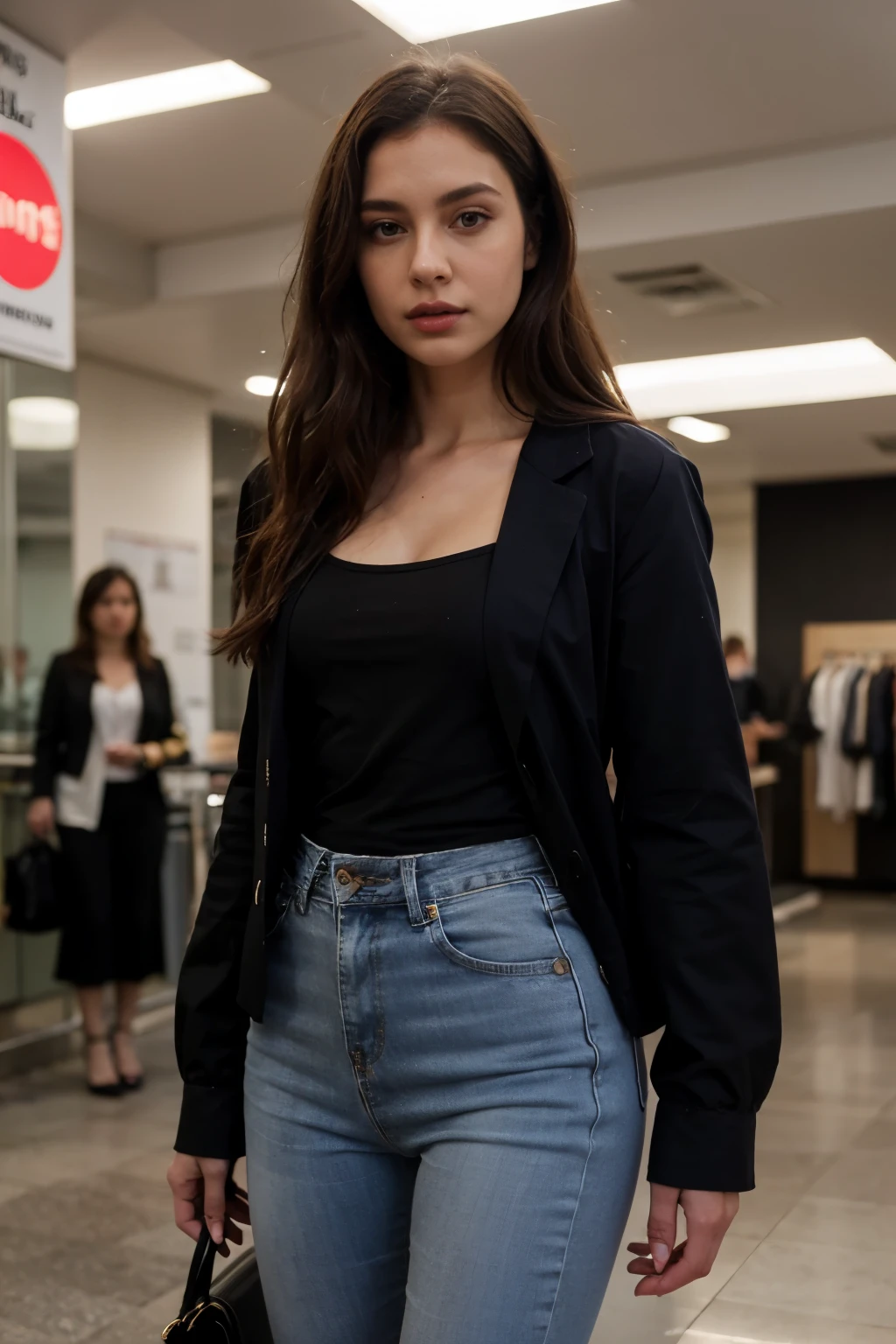 Women's orange dress shirt with women's black long dress jacket , woman's blue long jeans pants , longer , high quality face, high quality eyes, high quality lips