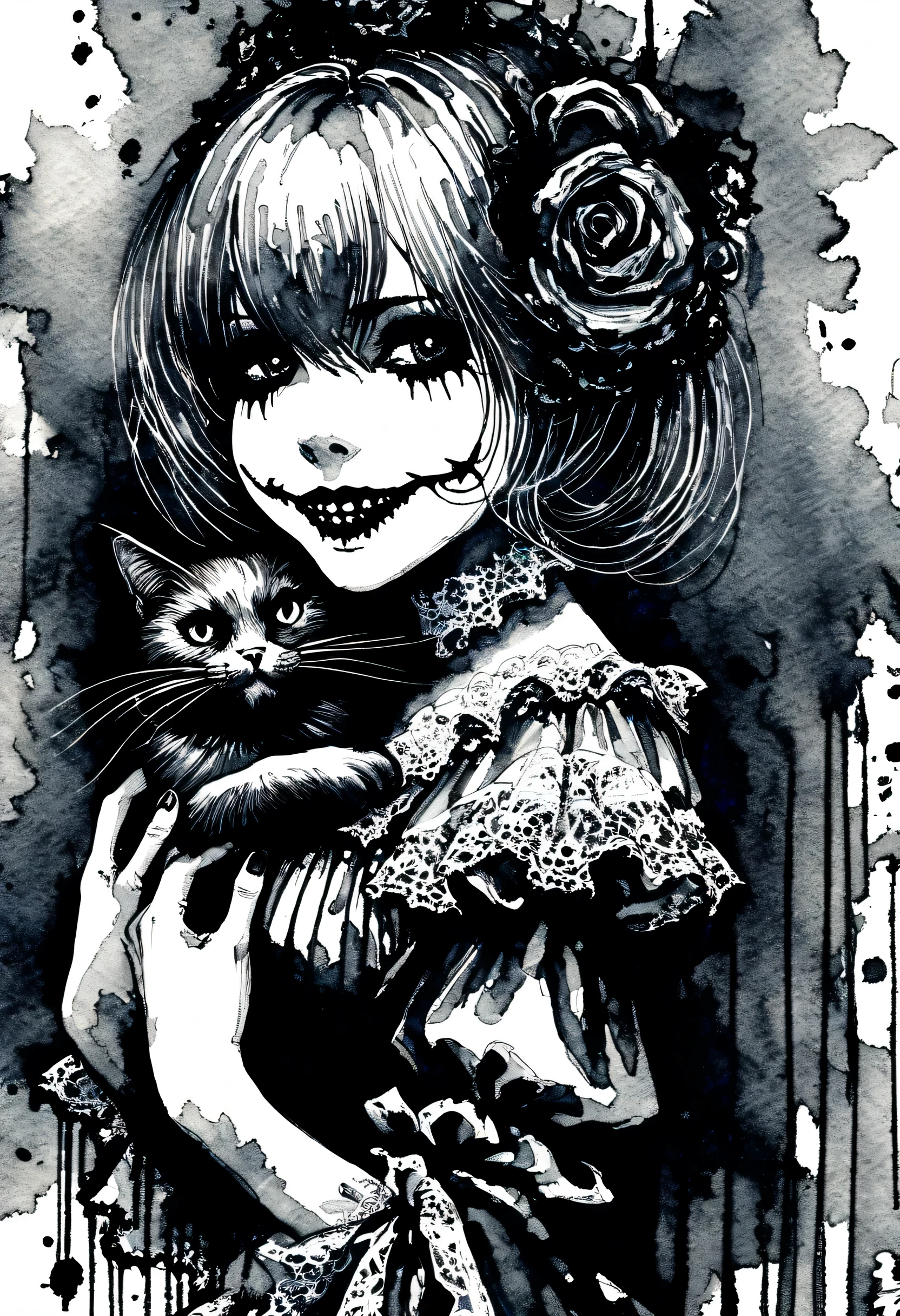 [(This is Junji:1.5), creepy, Dark, in black and white, Detailed line art from the manga, scared, psychological horror, Grotesque, morbid, Surreal], a girl holding a teddy bear, Annie, League of Legends character
