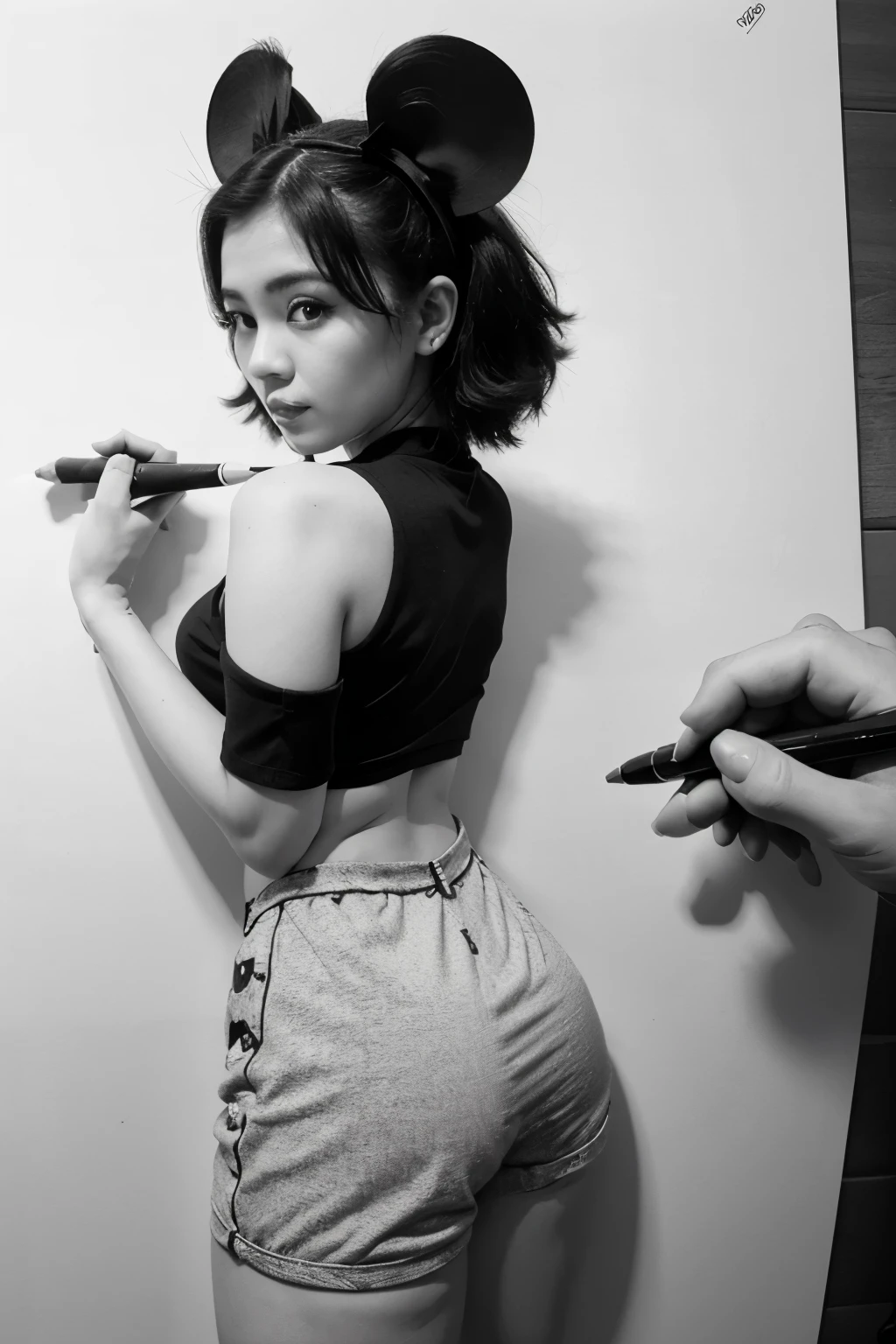 a back and white ink style character resembling 1928 mickey mouse is holdin an oversized pen and in the process of drawing a busy malaysian woman
