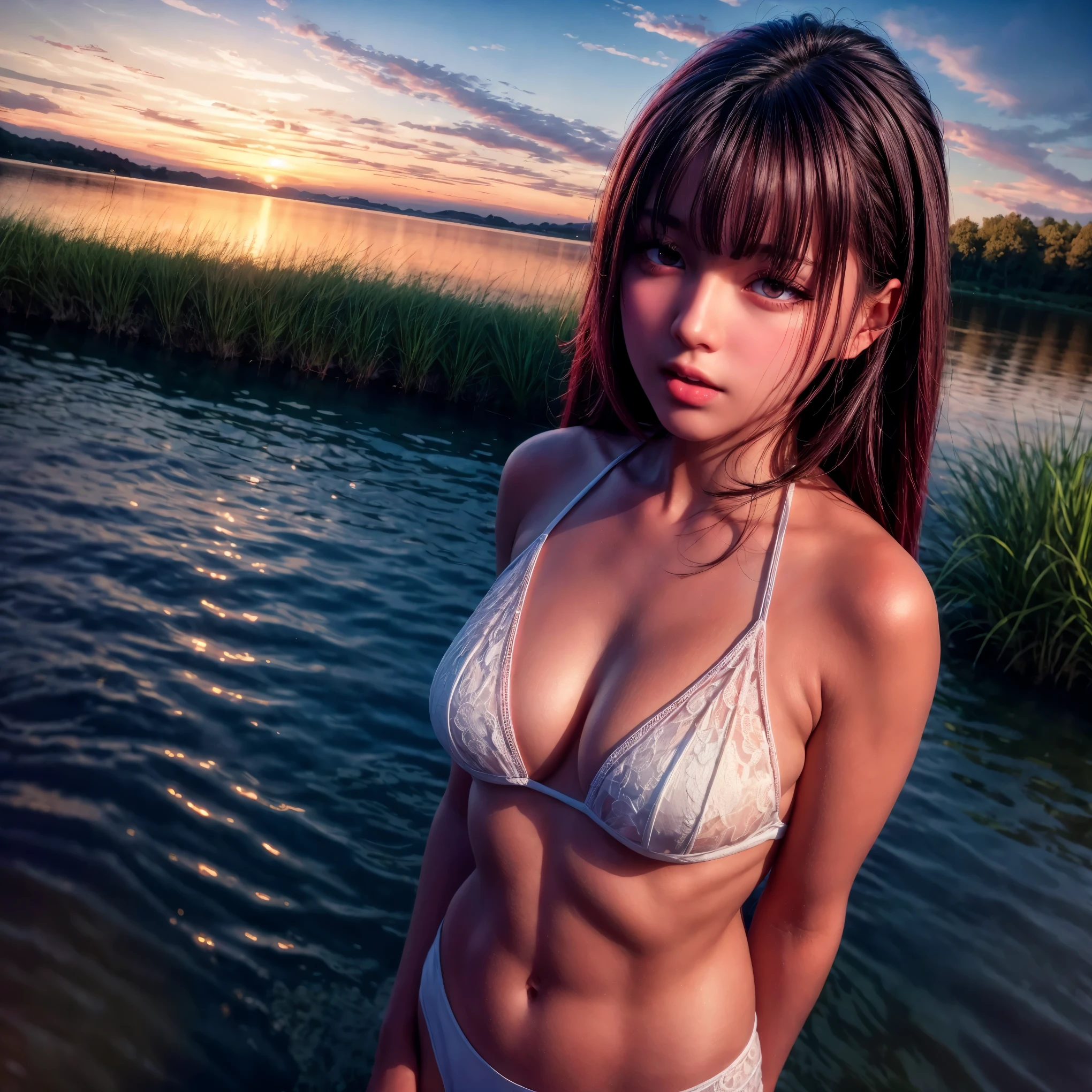 (best quality,4k,8k,highres,masterpiece:1.2),ultra-detailed,(realistic,photorealistic,photo-realistic:1.37),portrait,landscape,beautiful detailed eyes,beautiful detailed lips,extremely detailed eyes and face,longeyelashes,((1girl walking on a lake, twilight sky)),pink and purple hues,soft and dreamy lighting,serene atmosphere,dramatic clouds,crimson sunset,ethereal scenery, ((long hair:-0.8)) .