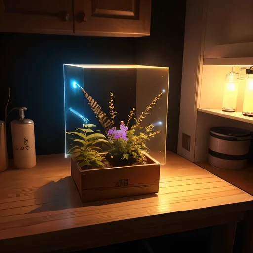 small realistic model, (bifurcation, original photo, best quality, masterpiece:1.4),Steampunk Cyberpunk 3916,(Cyberpunk light:1.3),on the table,horizon (related to land),(in a small nature box:1.3),Isometric, small nature, landscape on foundation,landscape,Distant focus（（Lunar soil background））