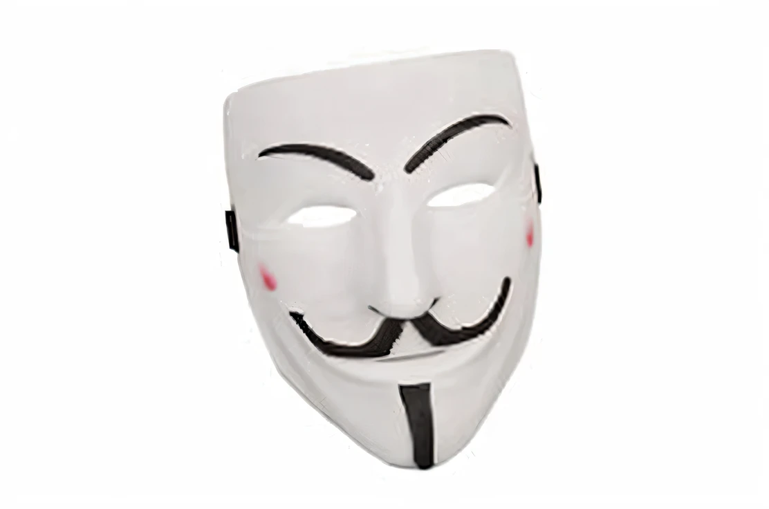 a close up of a white mask with a mustache on it, anonymous mask, anonymous, ( ( mask ) ), hacker, white mask, mask, vega mask, trendy, anonymous as a car, random, masqua, villain, spy, some of them use gask mask, masks, smiling mask, full mask, 2d, 2 d, domino mask