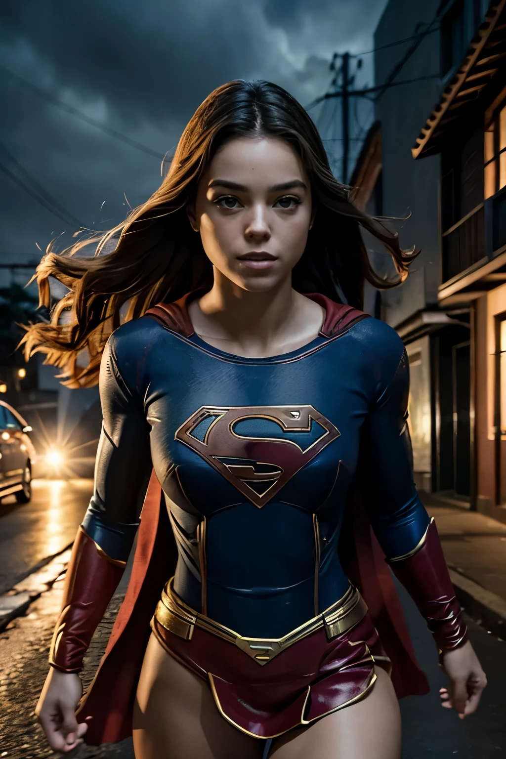 Create an ultra realistic photo of Milly Alcock as Supergirl at night on a dark street, fundo desfocado. Fotografia de corpo inteiro, cintura fina, pernas bem torneadas, medium breasts, saia vermelha, olhos azuis claro, Estilo dark... curvatura realista, textura de pele realista, Qualidade 4k, detalhes extremos