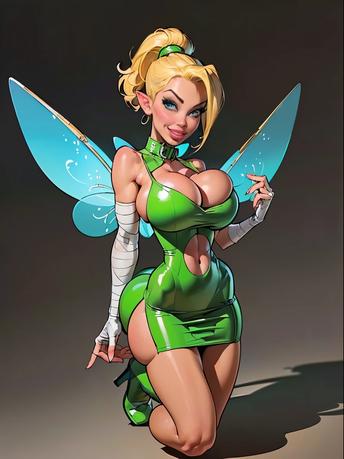 (((Backview))), (masterpiece, top quality, best quality, official art, beautiful and aesthetic:1.2), (1girl:1.3), (Tinkerbell), (Disney), blonde hair, extremely detailed, portrait, ((navel cutout)), (slendered abs:1.4), bravel, fairy from Peter Pan, (Aletta ocean face), (wings protrude from back back muscles), looking at viewer, solo, (full body:0.6), detailed background, close up, blue eyes, (cool castle theme:1.1), (((white skin, fairy wings, shiny skin, (bandaged hand gloves, bandaged fingers), fairy woman, spread out fairy wings, charlatan, sinister smirk, mysterious, shapeshifting in a castle, revealing tube dress, long lime green heels, long boots, buckles, straps, pouches, collar, sleeveless, lime green latex, ((((breasts, cleavage, skindentation)))), slim waist, slim hips, long legs, fantasy (castle interior:1.1) background, dark mysterious lighting, shadows, magical atmosphere, dutch angle