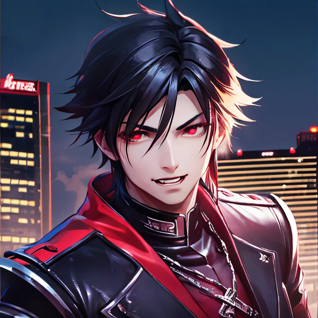 (( best quality)) Handsome vampire, similing, with modern city background, night city, anime vampire, fangs