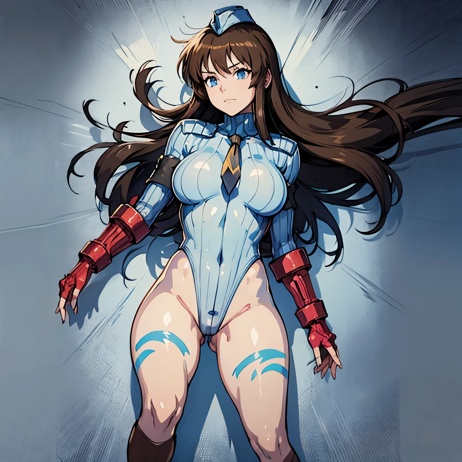 ultra-detailed, Explicit, Beautiful body, Beautiful Nose, Beautiful character design, perfect eyes, perfect face, ultra highres, 4K, beautiful legs, perfect legs, Nice hands, Perfect hand, Masterpiece, Best Quality, Highly detailed, illustration, absurdres, perfect anatomy, street fighter, doll suit, shadaloo doll, dollsuit, expressionless, blank eyes, looking at viewer, red gloves, emotionless, black latex, corrution, mind control, female combatant, full body, hypnotized, unhappy trance, full body suit, ribbed bodysuit, both arms at side, obey, perfect female body, extremely glossy latex, hypnosis, hypnoLora, empty eyes, Mind control device, poses, submissive_pose, Slave, lying down straight, lying down, lying at attention, hat, necktie, belt, latex, ribbed bodysuit, thighhighs, garter belt, Fighting Stance, extending the right arm from the shoulder into the air with a straightened hand, military, thigh boots, 1girl, hair ornaments, brown hair, long hair, blue eyes, (((pixel-perfect, detail-perfect))), solo, 1girl, Mia Alice, Haja Taisei Dangaioh, evil smile, evil grin