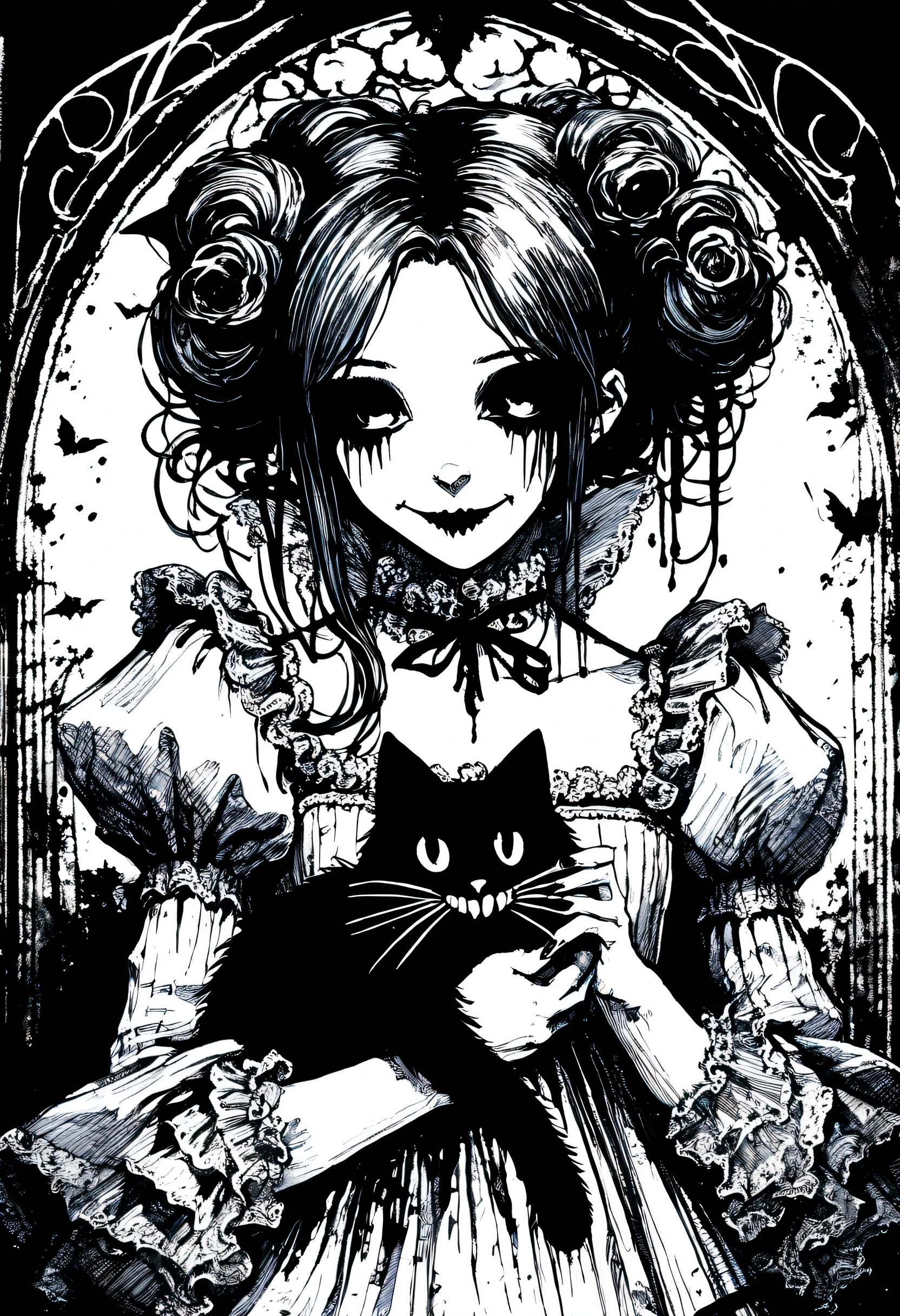(((ink style art:1.3))), Gothic girl with a creepy smile, realism style, creepy black cat hug, gothic dress, medium princess cut, portrait angle, high quality, detailed, delicate brush strokes, (((Enhanced ink atmosphere:1.2))),