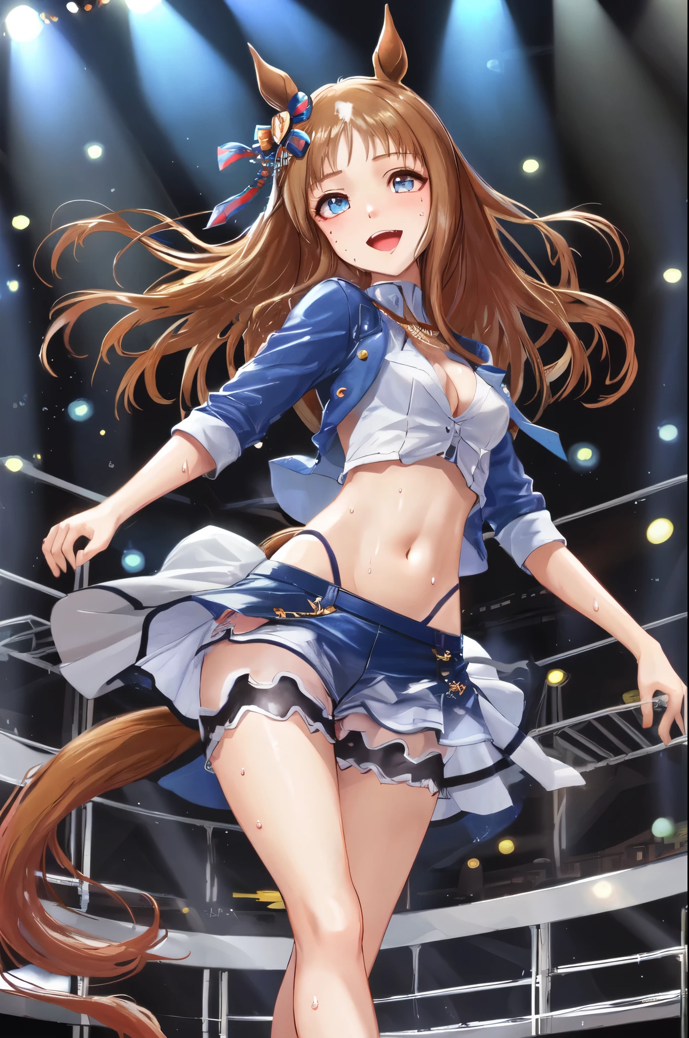 sexy dance show,grass wonder \(umamusume\),Ultra-detailed face,top-quality,Smile,Live Stage,Stage costumes,Horse tail,sing a song,ultra miniskirt,navel,micro panties,medium breasts,clearvage,erected nipples,sweat,from below
