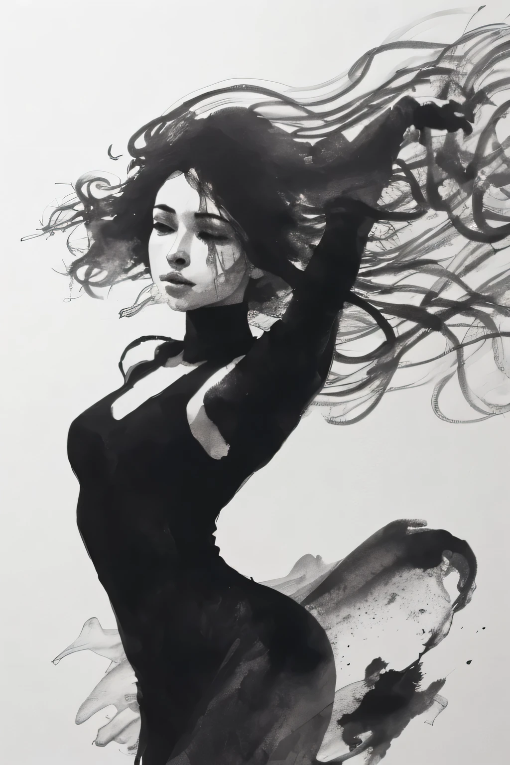 ink style figures, Dancing Woman, hair blowing in the wind, 