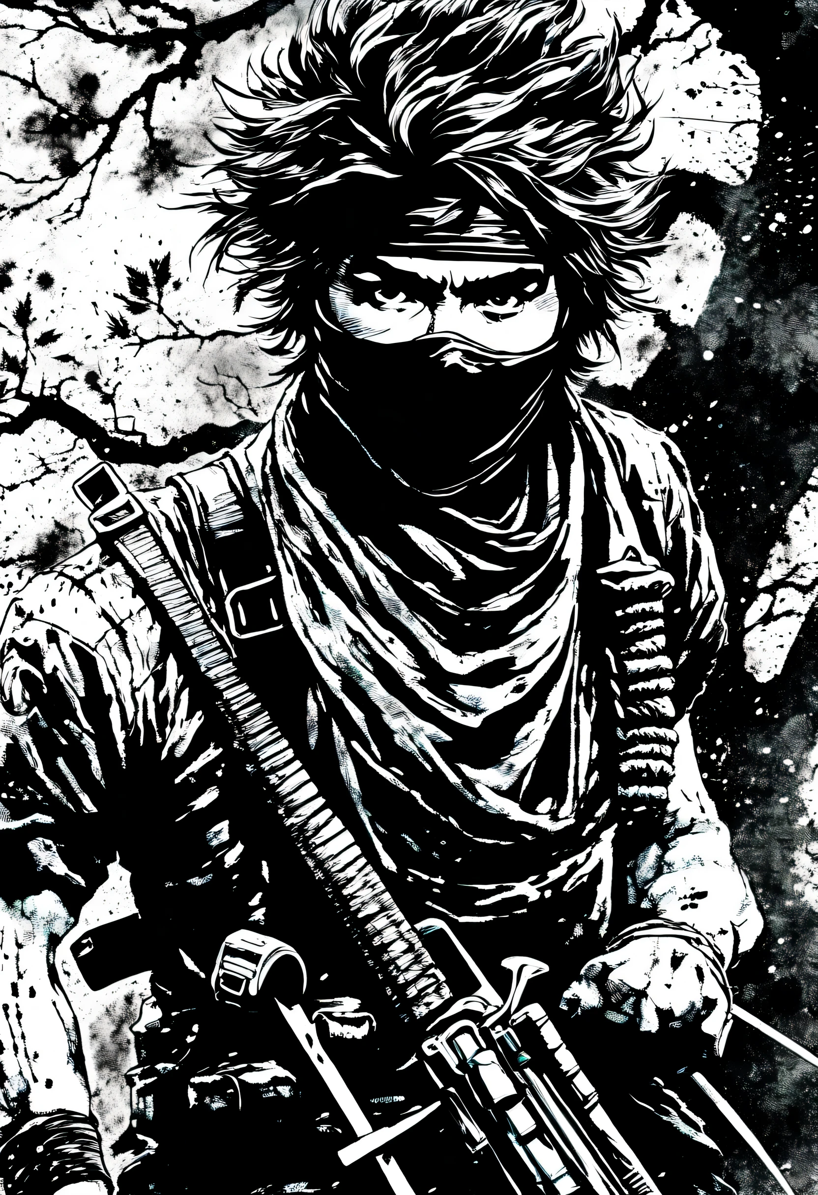 (((ink style art:1.3))), Guerrilla inspired by ninjas, realism style, sharp gaze, bandana and bandana mask, messy hair, Upper body, background dripping tree, cinematic angle, high quality, detailed, (((Enhanced ink atmosphere:1.3))),