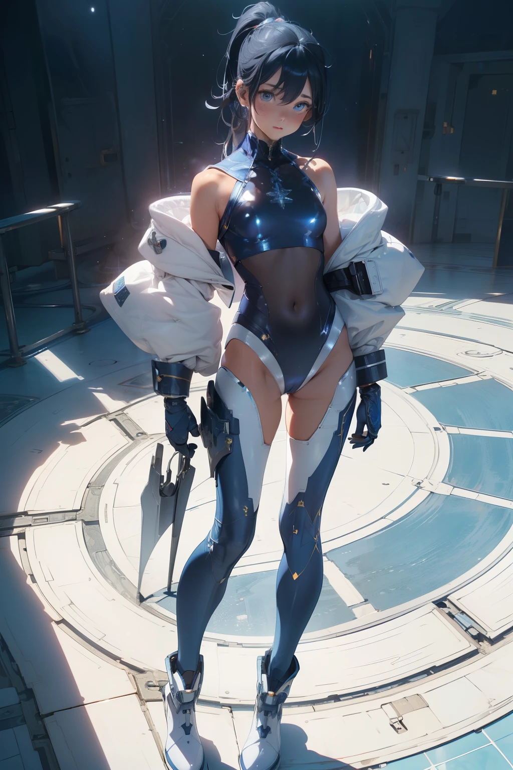 (quality)), ((masterpiece)), Recommended results、Puffy nipples、(see through:1.5)、straighten your back、abdominal muscles、huge bust、angle to floor:1.2、low camera angle、Hair loss on crotch,Hatsune Miku,rest、(masterpiece、top quality、最high resolution、clearly_image、detailed details、The angle is from above,shadow, relief, Stereo view, atmospheric perspective, Ray tracing, backlight, shadow, movement line, Cinema lighting, Head-up shooting, north african trade zone,on the table, precise, anatomically correct, textured skin, Super details, high detail, 高quality, Award-winning, 最好的quality, high resolution, 4K.golden hour lights、Lightings from back): ((entire human body:2)、solo、lone girl、japanese face、Knotted high ponytail、kawaii、Girl with dark blue hair、(Perfect body:1.4)、sparkly blue color eyes、(White and navy blue aviator suit、White and navy blue tights、Wear an all-white and navy coat、White and navy leggings、White and Navy Covered Shoulder Dress、White and navy blue shiny clothes、Navy blue leggings,cover legs、Clothes that do not attract the skin、Clothes that hide the skin、Clothing that protects the skin、Armor that hides the chest)、extremely delicate and beautiful、detailed skin、slim、Exoskeleton、Lovely、gentle smile、Soft look、heroine、White and navy blue boots、Gloves come to elbow length、headphones on head、)、(The magnificent magic square、sky cities、upper sky、blue open sky、splash、White background:1.2、(Humans whose bodies exude spiritual energy:1.4)adventurous look、old sky、Colorful refraction、World of Wormholes、future city streets、fantasy、wind、Rembrandt lighting、Space Warp、FOG、pixel art、game art、key point、Surrealism、PBR texture、Anisotropic filtering、Maximum clarity and sharpness、Albedo and specular maps、multi-layer texture、surface coloring、sub-pixel convolution、Aprecise simulation of light-material interactions))))、(pure face_v1:0.5)、(ulzzang-6500:0.5)、(north african trade zone:0.6)、for the audience、Dynamic Unger、dynamic action、