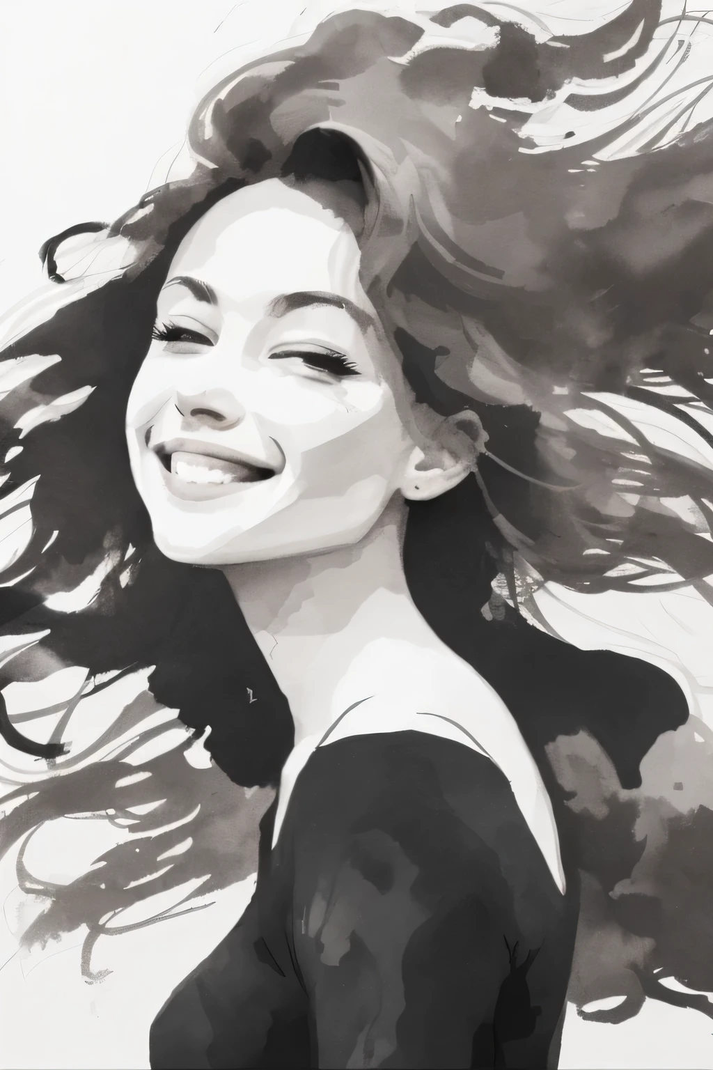 ink style figures, woman, hair blowing in the wind, smile, 