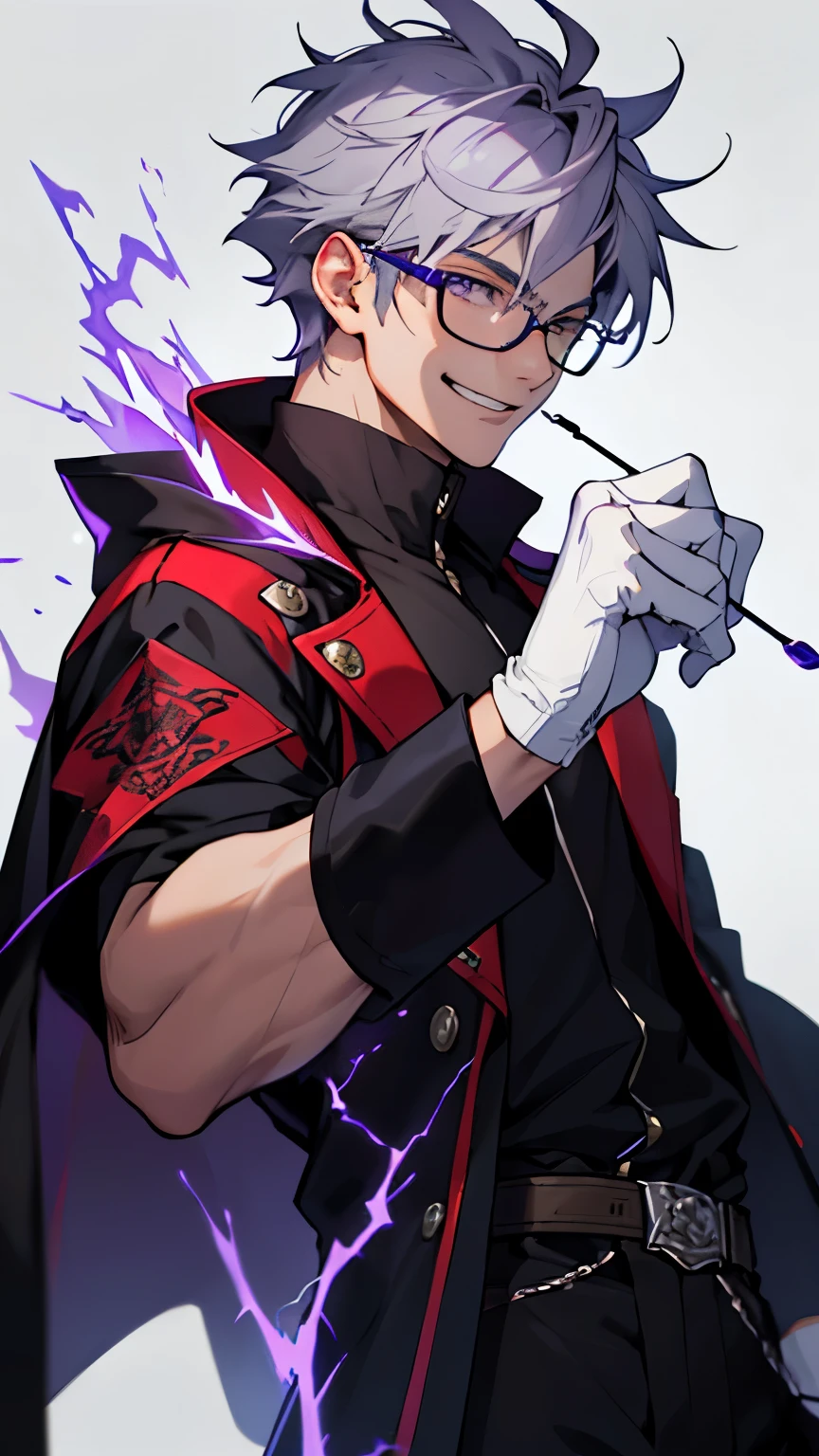 Beautiful young man with gray hair and glasses。Eyes are red。Black coat with classic design decorations、white gloves。Grinning, he holds out his right hand and manipulates purple lightning magic.。The background is a purple magic square。