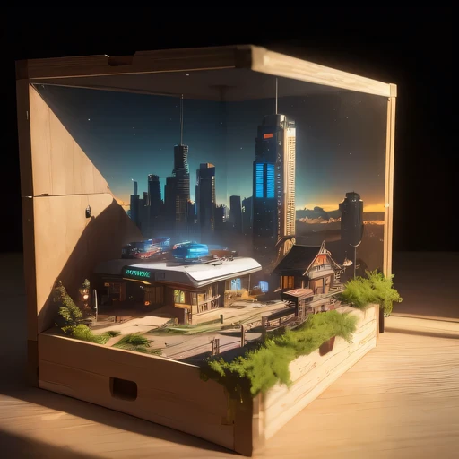 small realistic model, (bifurcation, original photo, best quality, masterpiece:1.4),Steampunk Cyberpunk 2916,(Cyberpunk light:1.3),on the table,horizon (related to land),(in a small nature box:1.3),Isometric, small nature, landscape on foundation,landscape,Distant focus（（Lunar soil background））