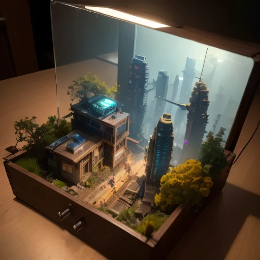 small realistic model, (bifurcation, original photo, best quality, masterpiece:1.4),Steampunk Cyberpunk 2916,(Cyberpunk light:1.3),on the table,horizon (related to land),(in a small nature box:1.3),Isometric, small nature, landscape on foundation,landscape,Distant focus((Lunar soil background))