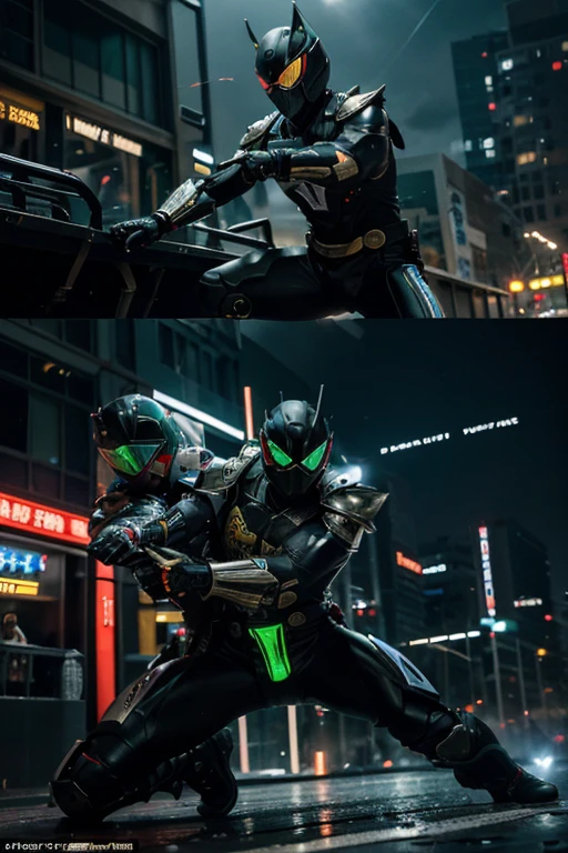 This painting depicts a scene of Kamen Riders in action, filled with tension and excitement. Two Kamen Riders engage in an intense battle on the canvas, displaying agility and a sense of beauty in each move and stance.

Their combat takes place in a city night illuminated by a mix of light and shadow, with neon lights reflecting off the streets. The splattering sparks and lighting effects in the scene add depth to the overall atmosphere. The Kamen Riders' armor shines with a metallic luster during the fight, emphasizing their formidable combat abilities.

Dynamic poses and the high-energy atmosphere of the battle make viewers feel as if they can hear the clash of swords and the howling wind. Perhaps there's a subtle addition of electric sparks to infuse some sci-fi elements into the scene, making the entire setting more captivating. This is a painting that evokes a sense of adrenaline, conveying the powerful and thrilling combat of Kamen Riders.