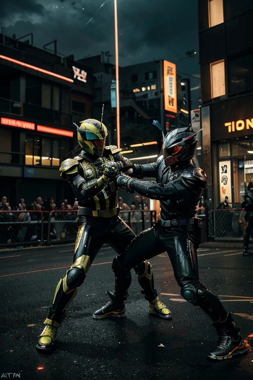 This painting depicts a scene of Kamen Riders in action, filled with tension and excitement. Two Kamen Riders engage in an intense battle on the canvas, displaying agility and a sense of beauty in each move and stance.
Their combat takes place in a city night illuminated by a mix of light and shadow, with neon lights reflecting off the streets. The splattering sparks and lighting effects in the scene add depth to the overall atmosphere. The Kamen Riders' armor shines with a metallic luster during the fight, emphasizing their formidable combat abilities.
Dynamic poses and the high-energy atmosphere of the battle make viewers feel as if they can hear the clash of swords and the howling wind. Perhaps there's a subtle addition of electric sparks to infuse some sci-fi elements into the scene, making the entire setting more captivating. This is a painting that evokes a sense of adrenaline, conveying the powerful and thrilling combat of Kamen Riders.